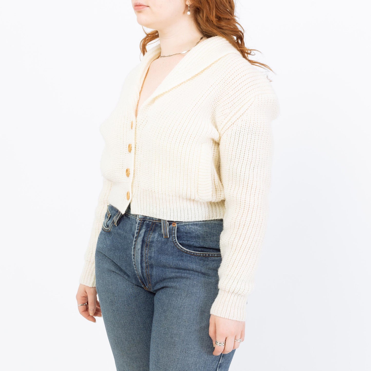 Vintage 80s White Cropped Shawl Collar Cardigan - Large | Chunky Knit Button Up Sweater