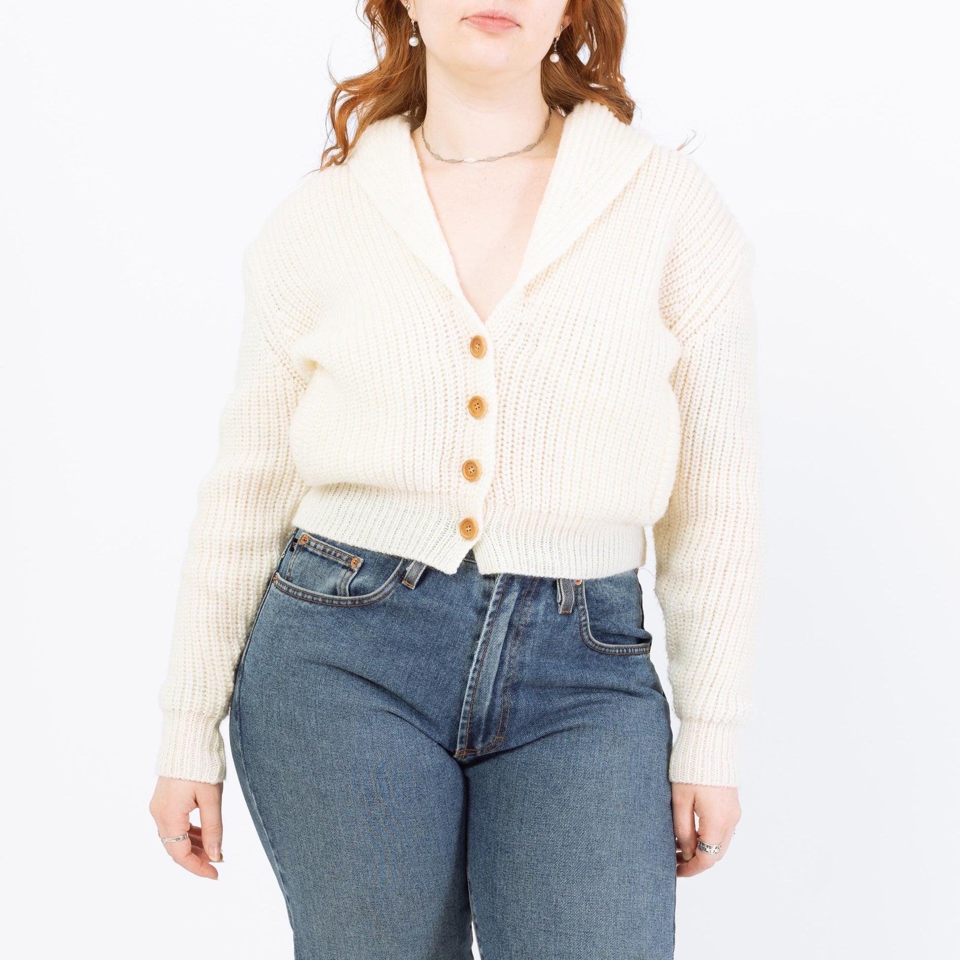 Vintage 80s White Cropped Shawl Collar Cardigan - Large | Chunky Knit Button Up Sweater