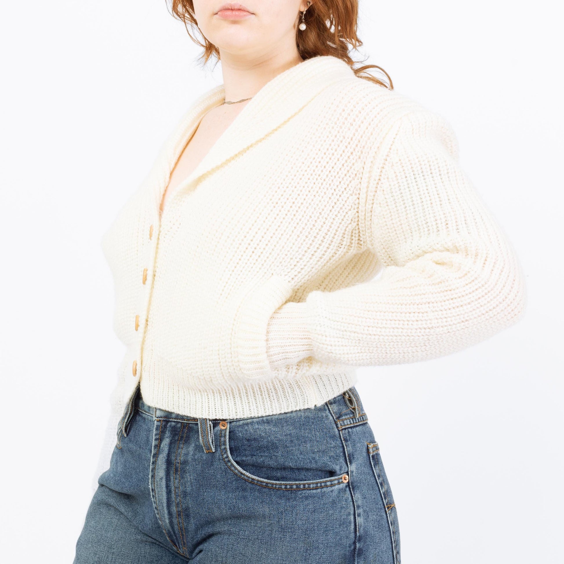Vintage 80s White Cropped Shawl Collar Cardigan - Large | Chunky Knit Button Up Sweater
