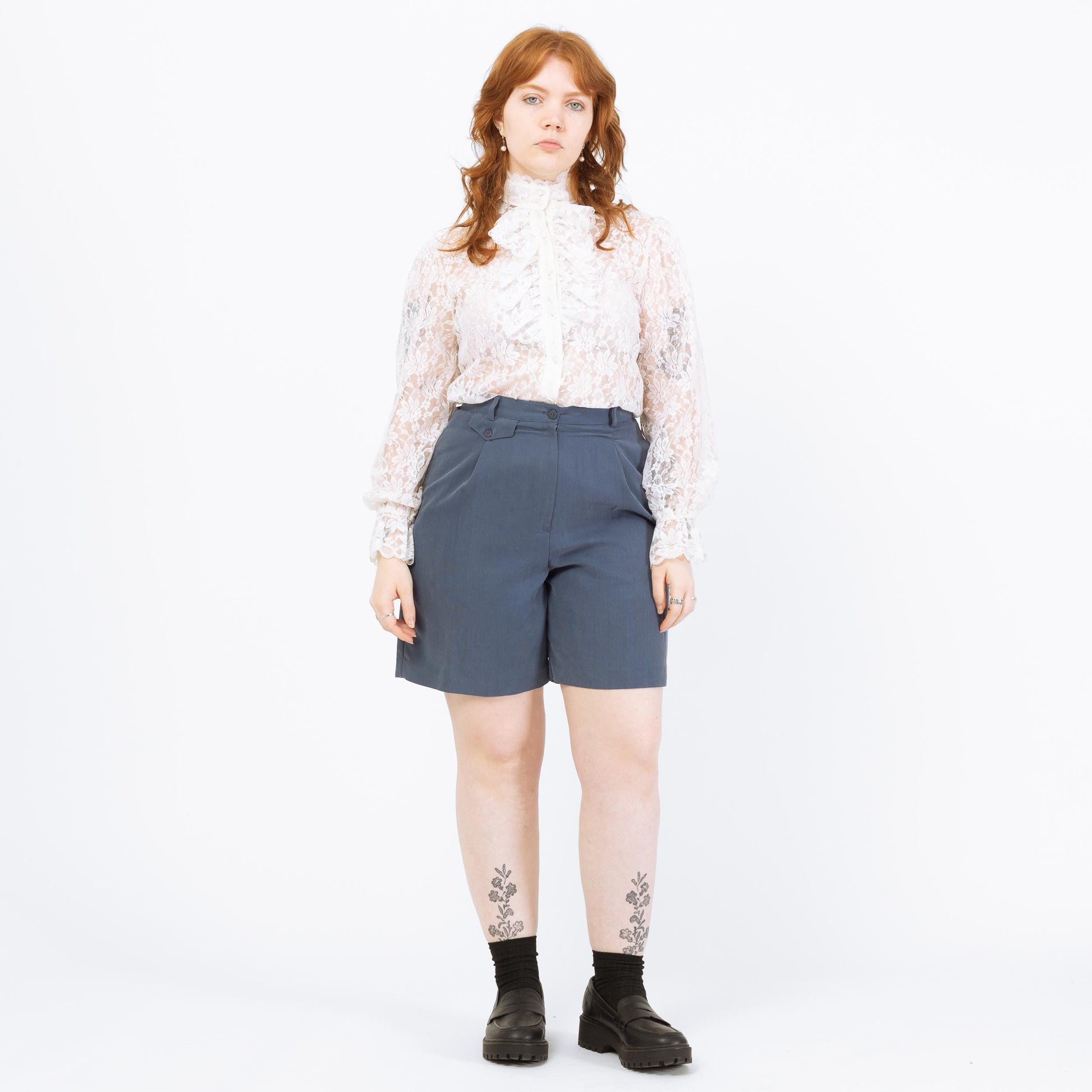 Vintage 90s Slate Blue Twill Trouser Shorts - Medium, 29"-30" Waist | High Waisted Pleated Shorts