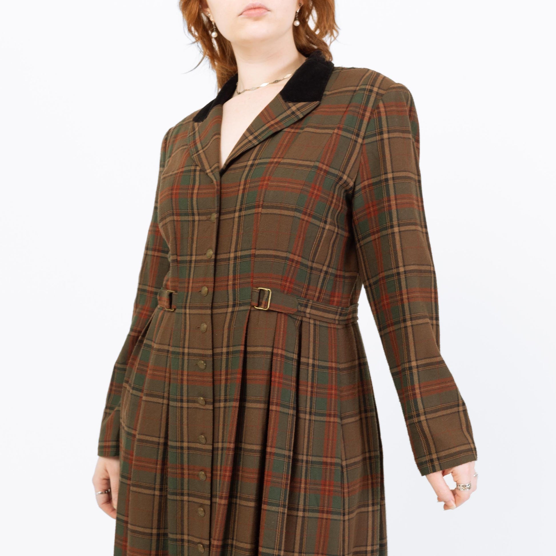 Vintage 90s Brown Plaid Cinched Waist Maxi Shirtdress - Petite Large | Dark Academia Long Sleeve Dress