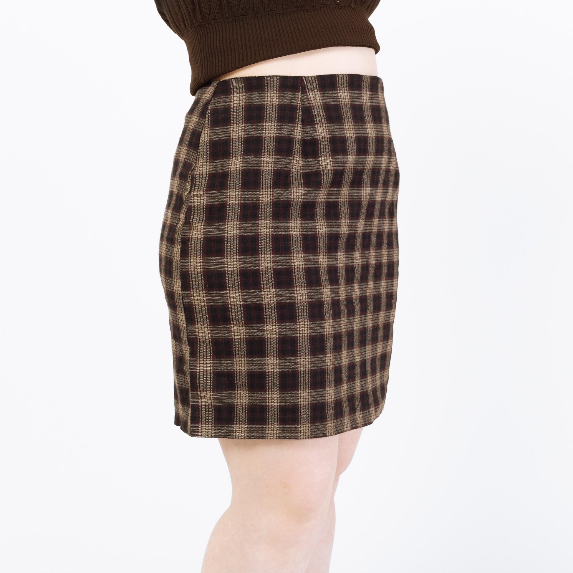 Vintage 90s Dark Brown Plaid Mini Skirt - Large, 32" Waist | High Waisted Grunge Schoolgirl Miniskirt