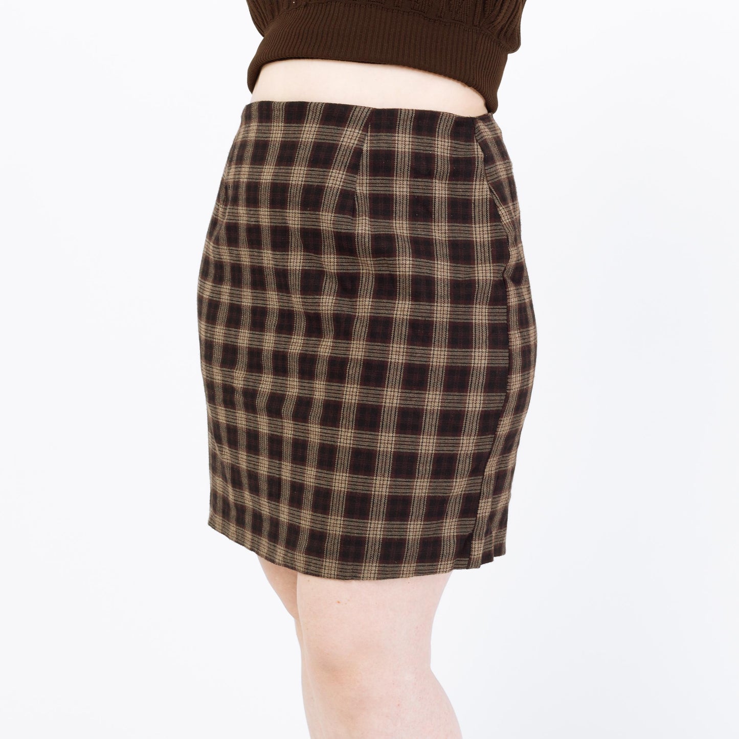Vintage 90s Dark Brown Plaid Mini Skirt - Large, 32" Waist | High Waisted Grunge Schoolgirl Miniskirt