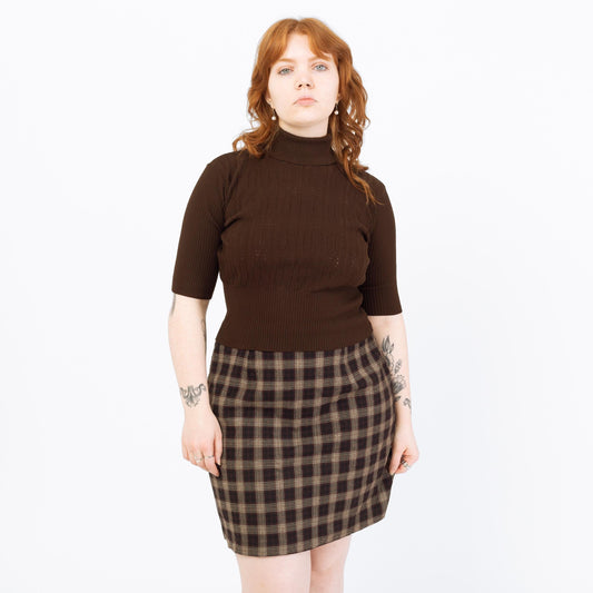 Vintage 70s Chocolate Brown Knit Crop Top - Large | Cable Knit Turtleneck Cuffed Sleeve Blouse