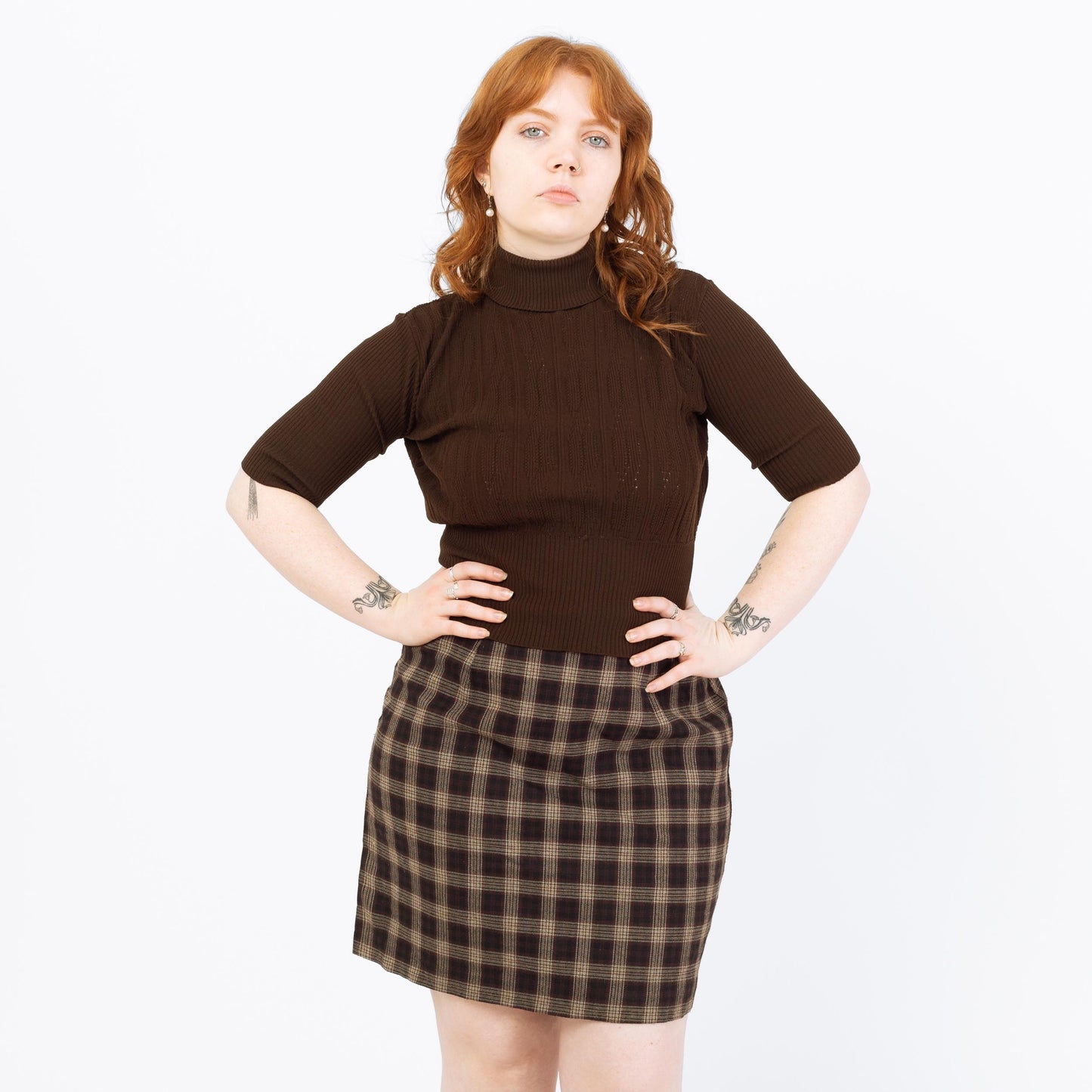 Vintage 70s Chocolate Brown Knit Crop Top - Large | Cable Knit Turtleneck Cuffed Sleeve Blouse