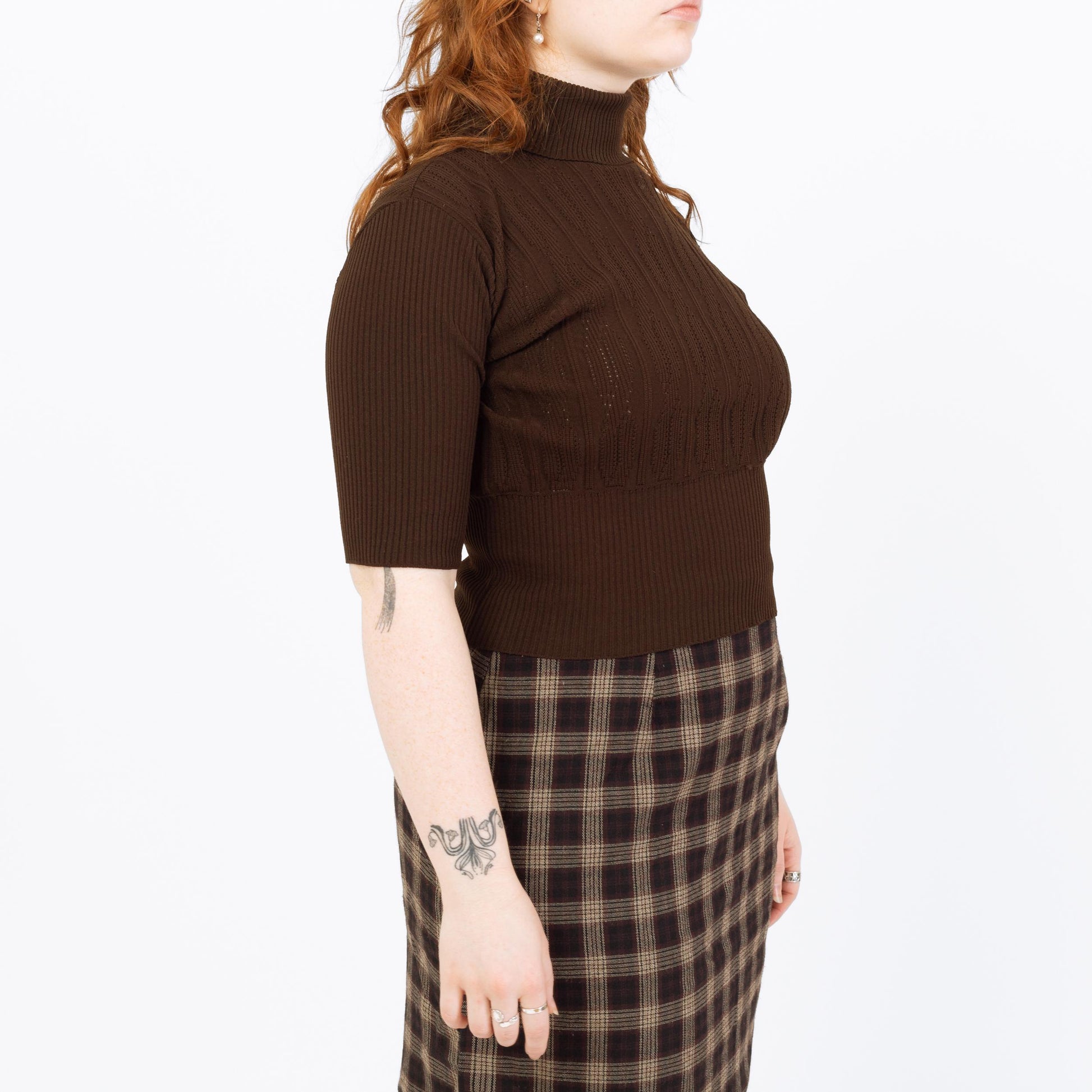 Vintage 70s Chocolate Brown Knit Crop Top - Large | Cable Knit Turtleneck Cuffed Sleeve Blouse