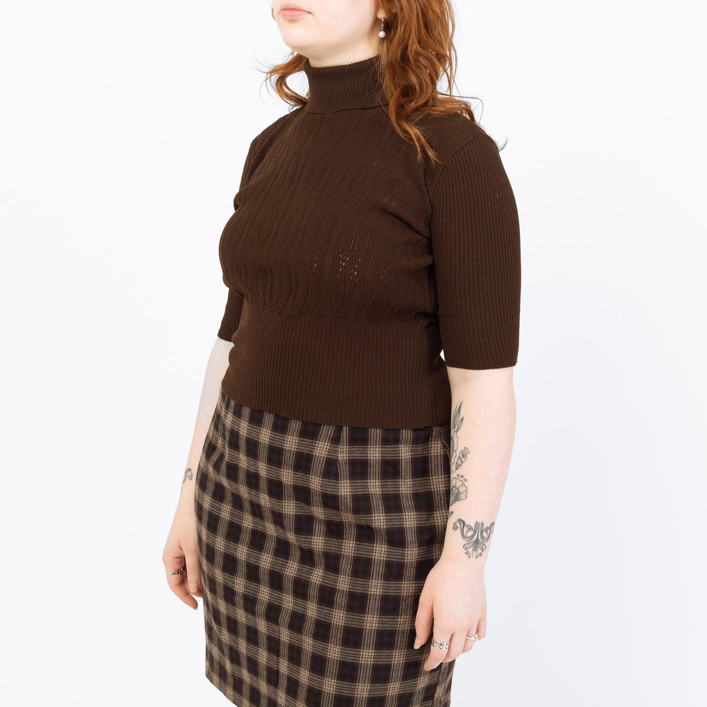Vintage 70s Chocolate Brown Knit Crop Top - Large | Cable Knit Turtleneck Cuffed Sleeve Blouse