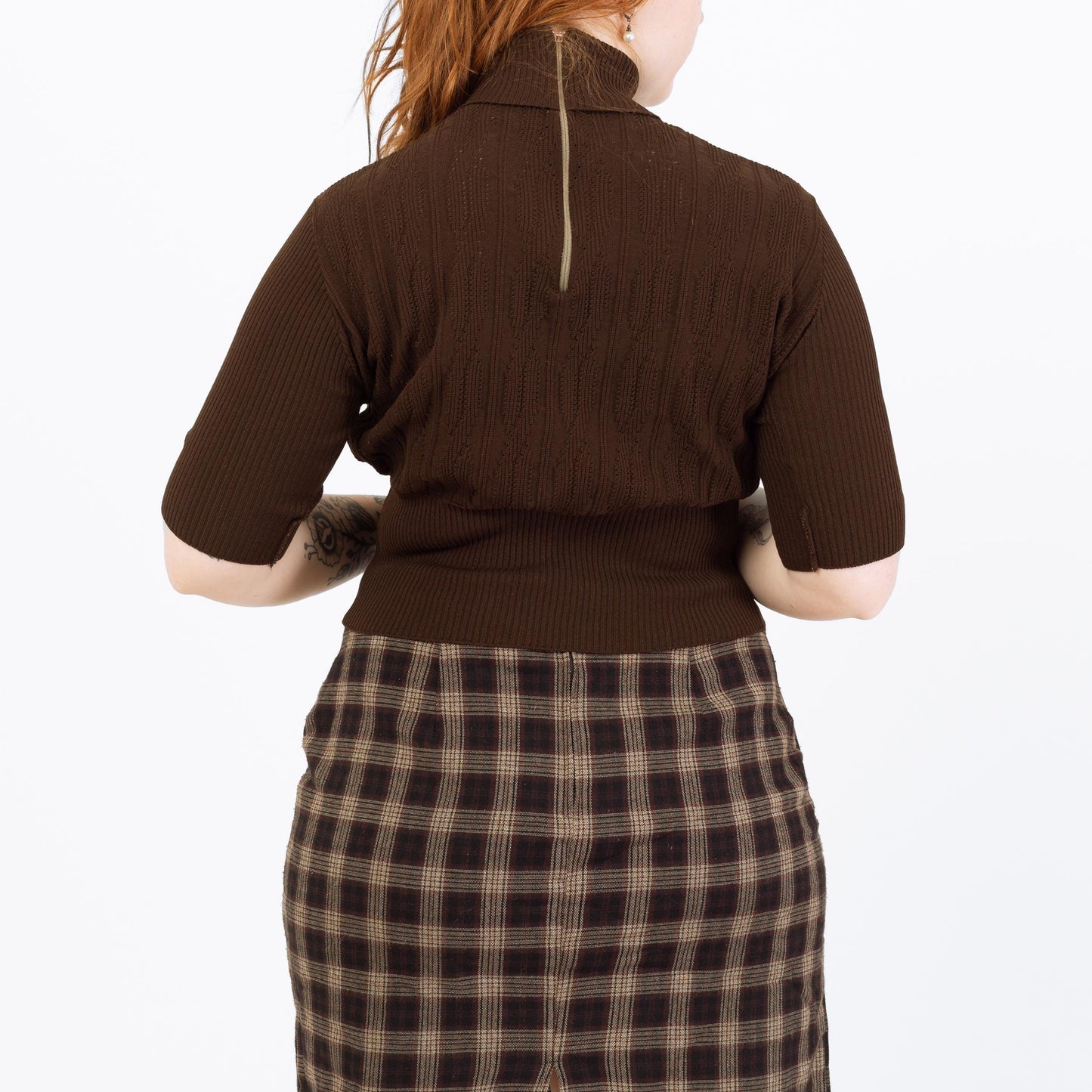 Vintage 70s Chocolate Brown Knit Crop Top - Large | Cable Knit Turtleneck Cuffed Sleeve Blouse