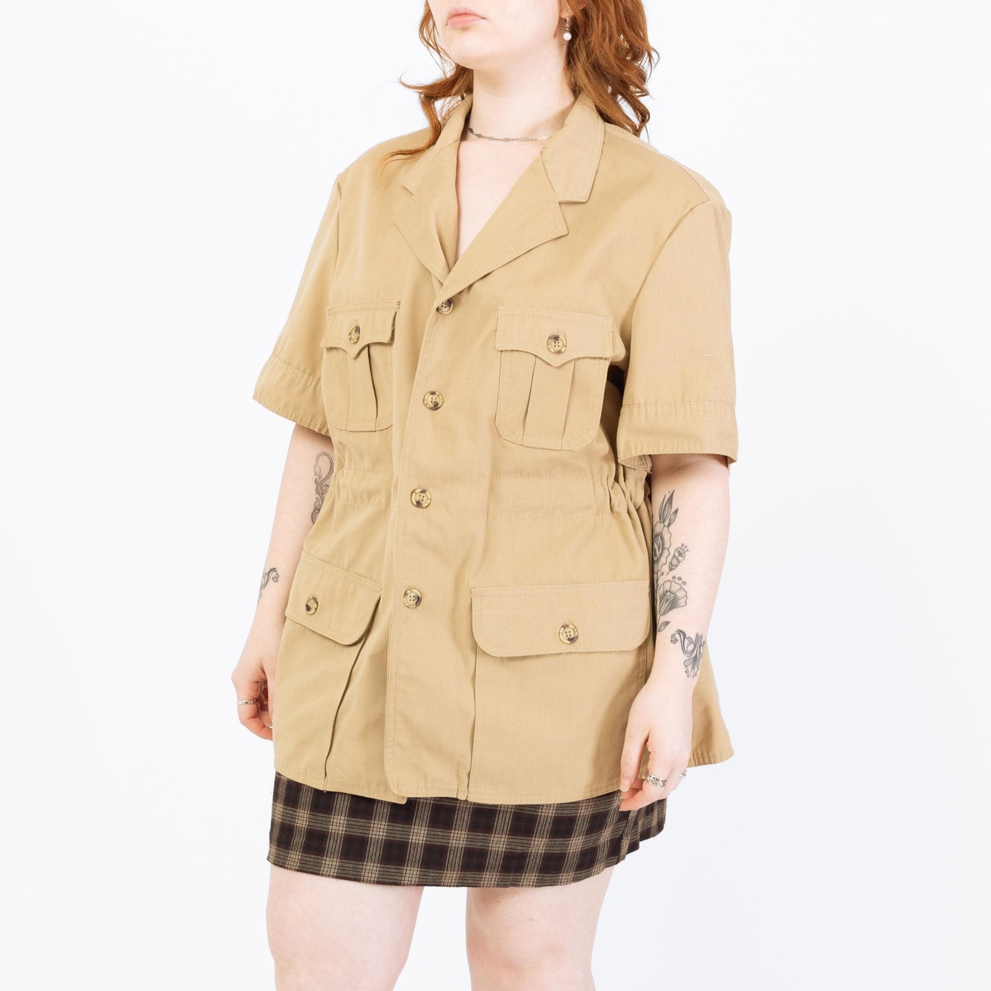 Vintage 70s Lee Khaki Safari Shirt - 1X | Short Sleeve Cinched Waist Button Up Shirt