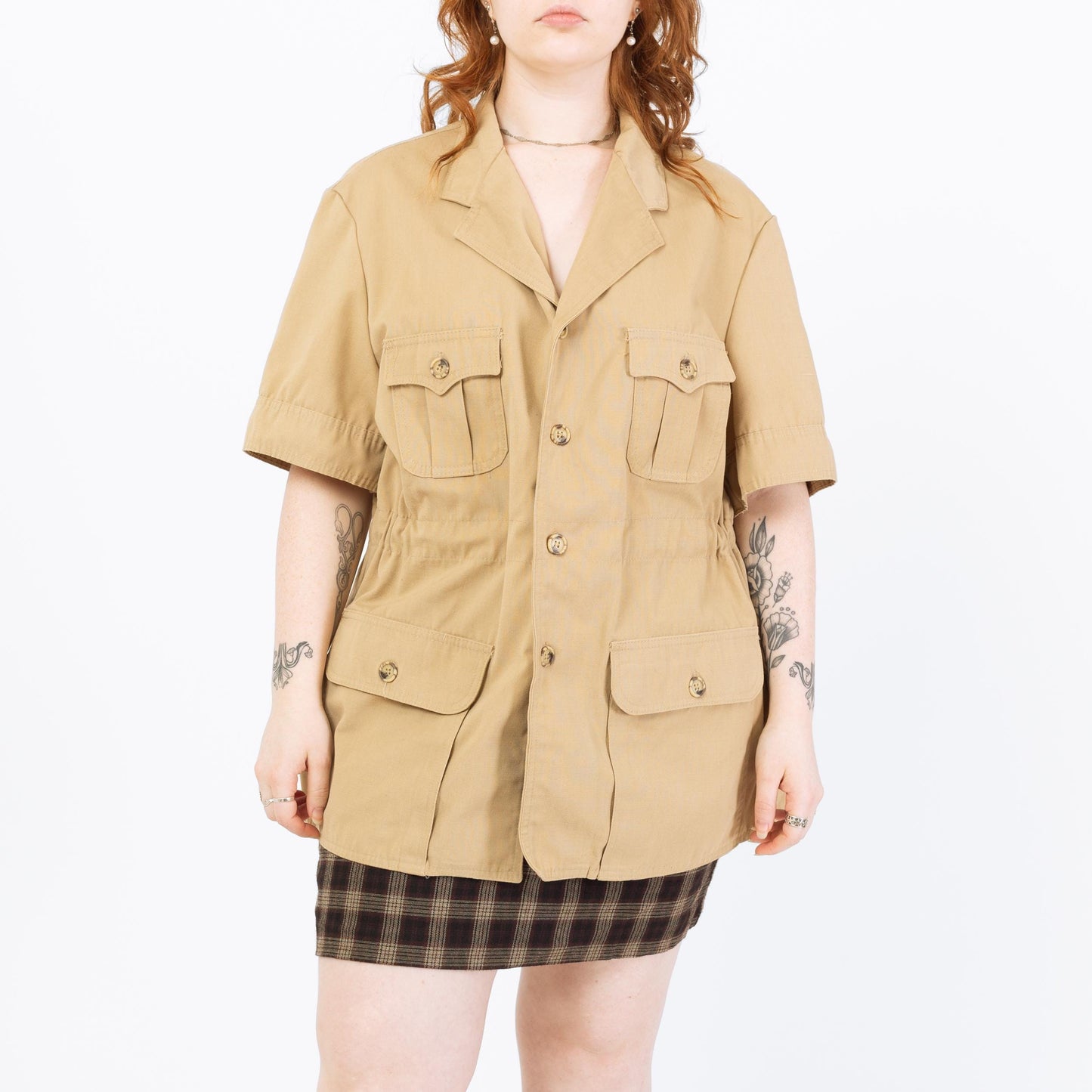 Vintage 70s Lee Khaki Safari Shirt - 1X | Short Sleeve Cinched Waist Button Up Shirt