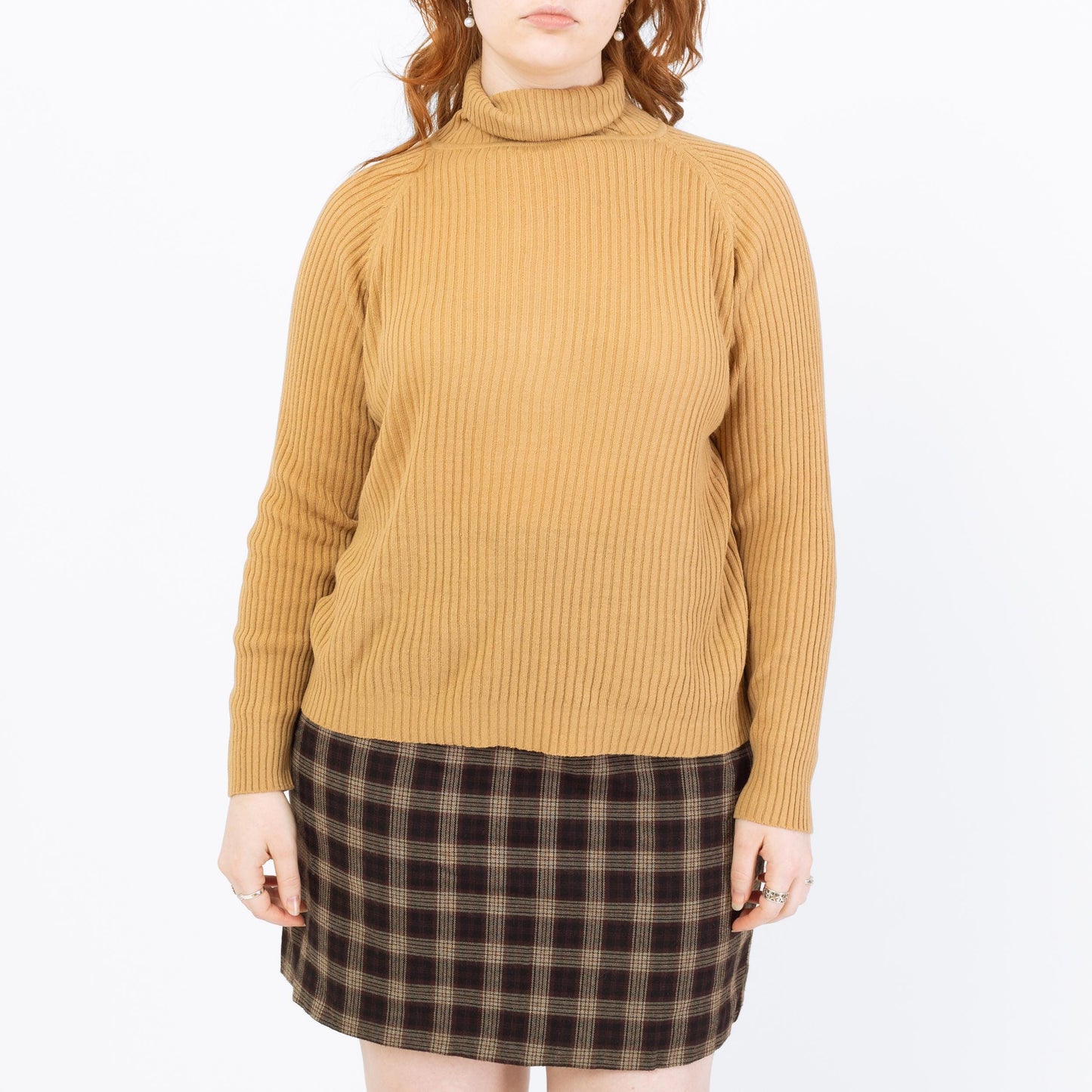 Vintage 70s Tan Lightweight Turtleneck Sweater - Extra Large | Stretchy Knit Pullover