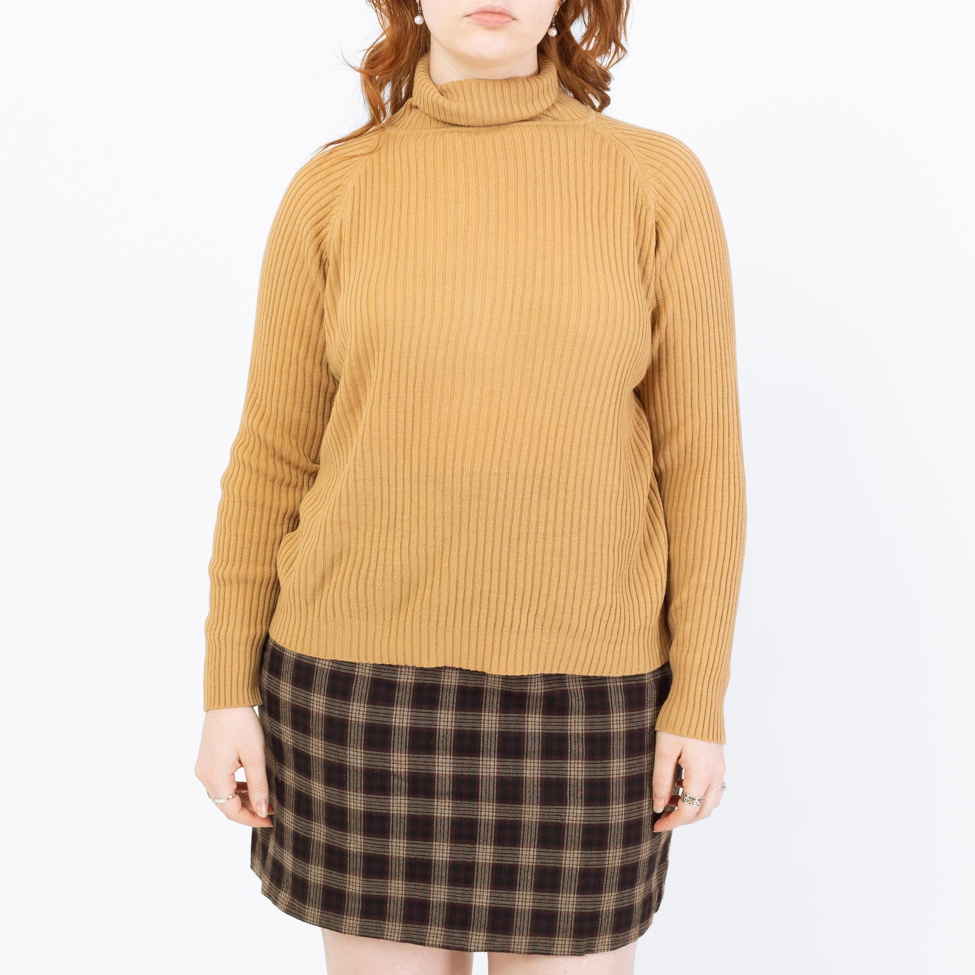 Vintage 70s Tan Lightweight Turtleneck Sweater - Extra Large | Stretchy Knit Pullover