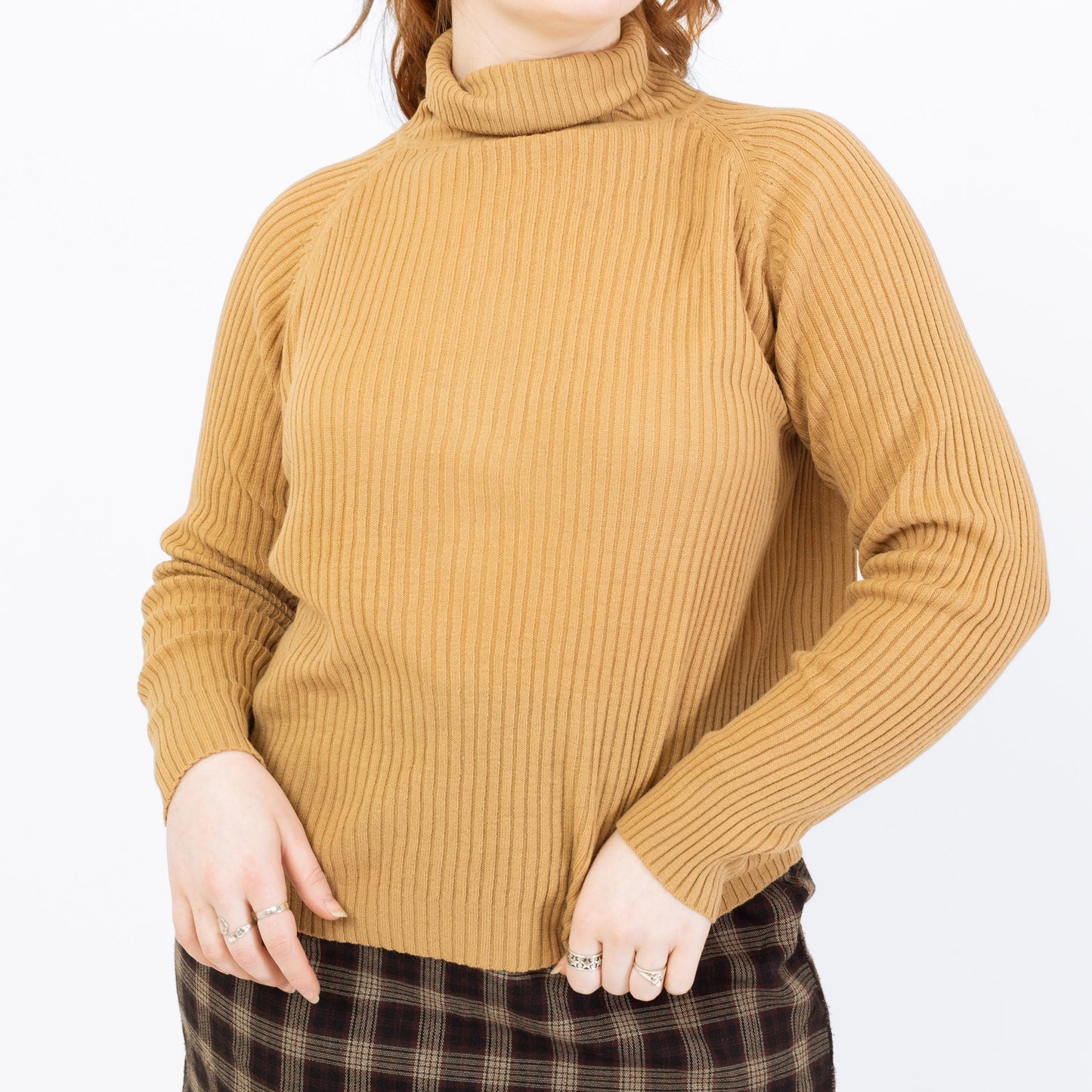 Vintage 70s Tan Lightweight Turtleneck Sweater - Extra Large | Stretchy Knit Pullover