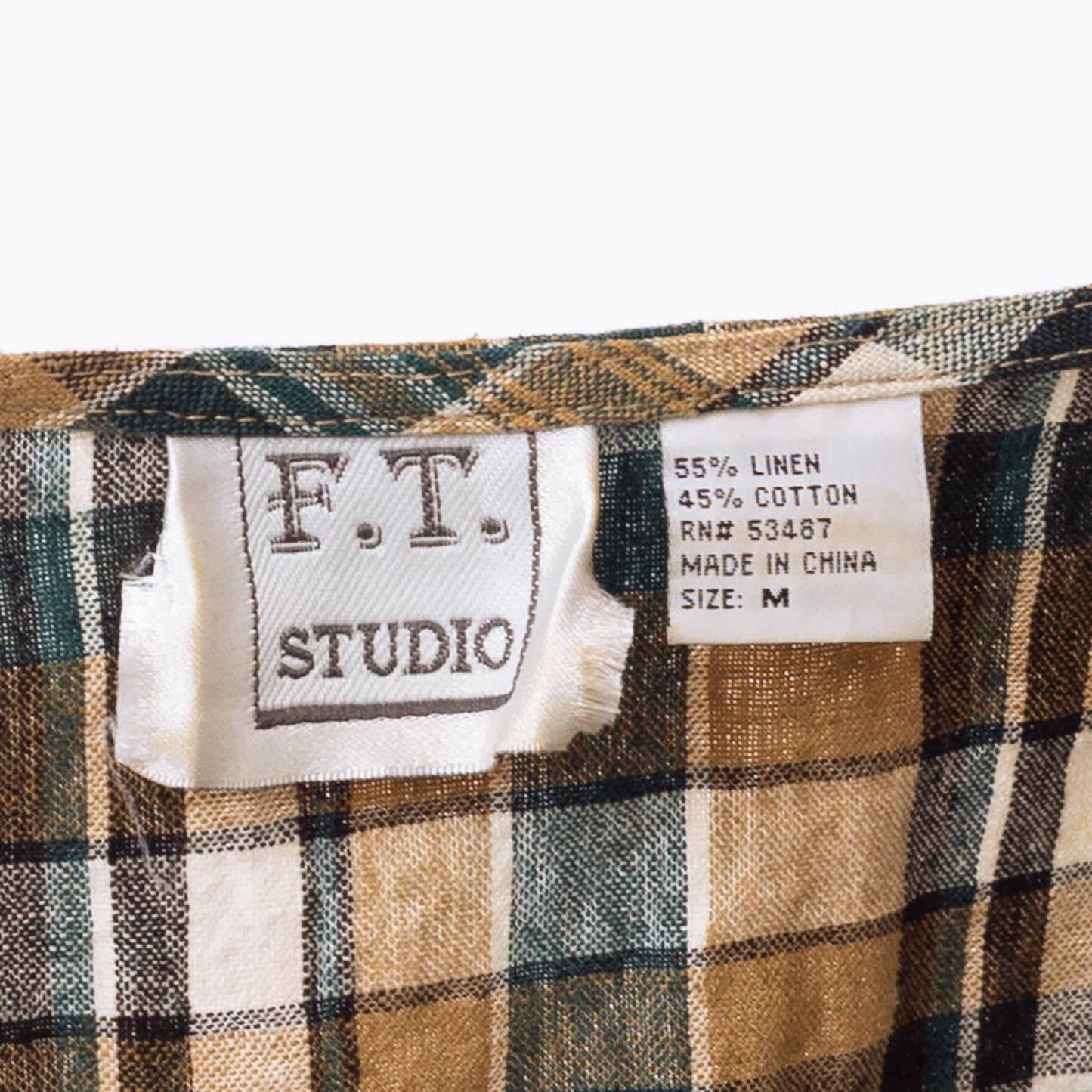 Vintage 90s Green & Tan Plaid Linen Blend Vest - Medium | Cropped Button Up V Neck Sleeveless Shirt