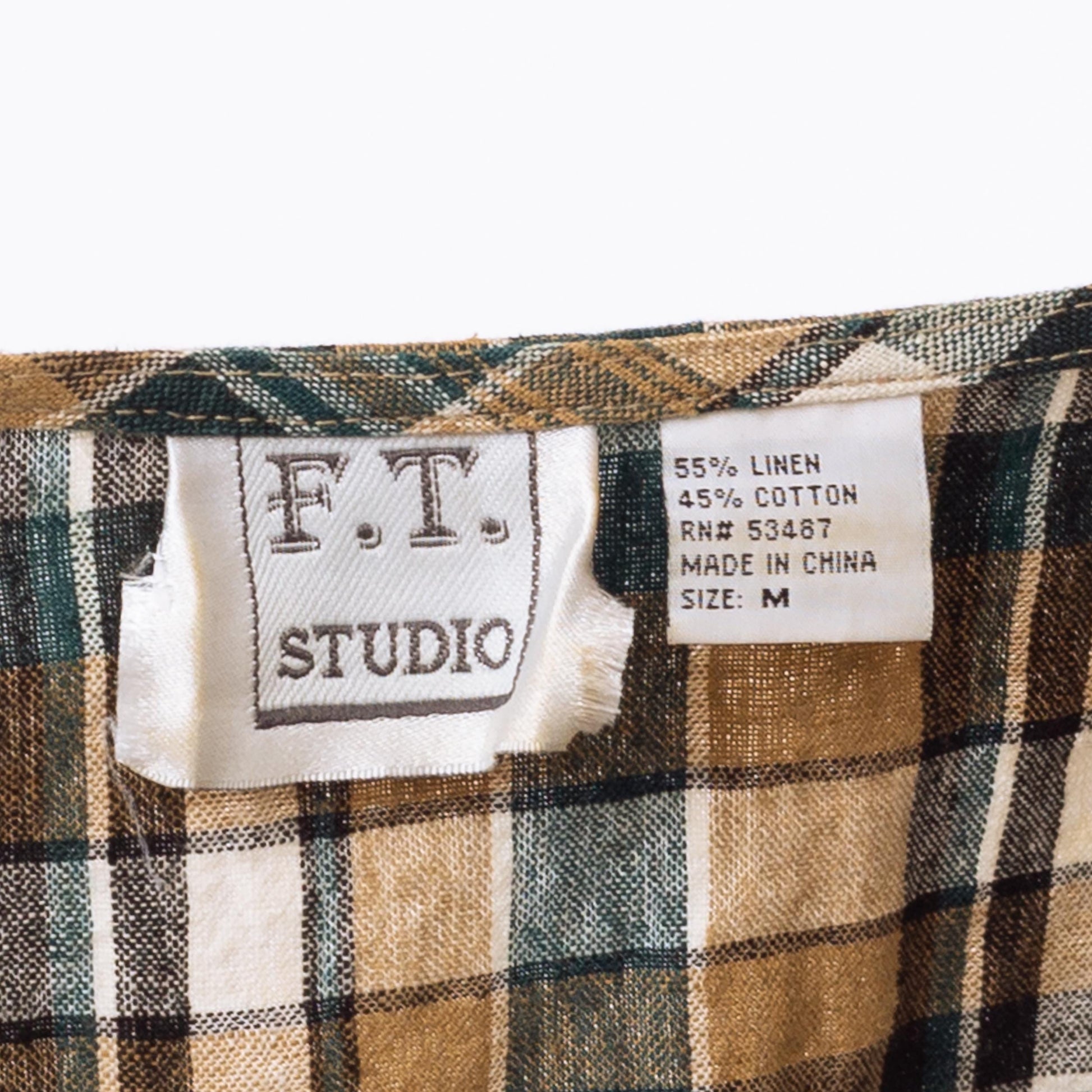 Vintage 90s Green & Tan Plaid Linen Blend Vest - Medium | Cropped Button Up V Neck Sleeveless Shirt