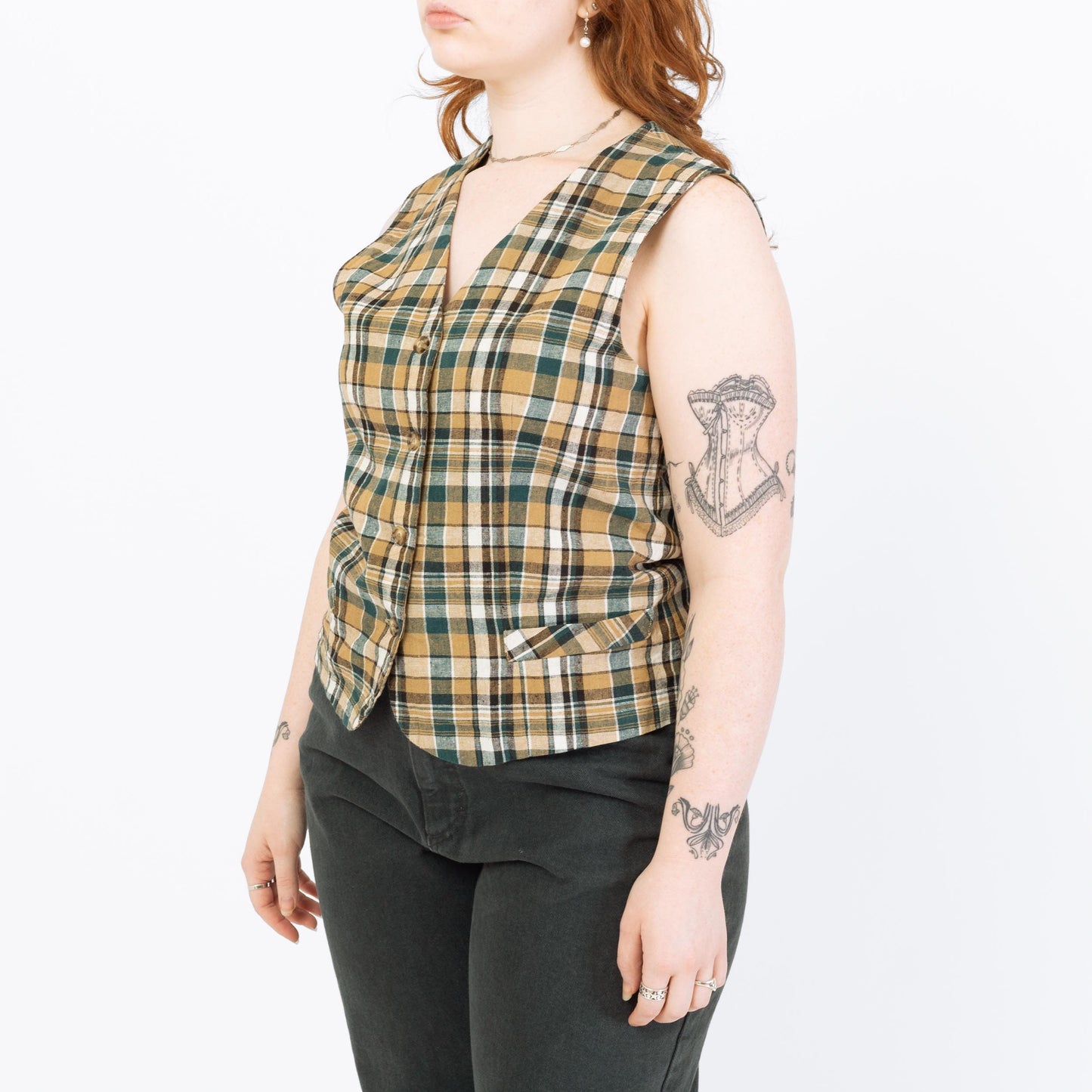 Vintage 90s Green & Tan Plaid Linen Blend Vest - Medium | Cropped Button Up V Neck Sleeveless Shirt