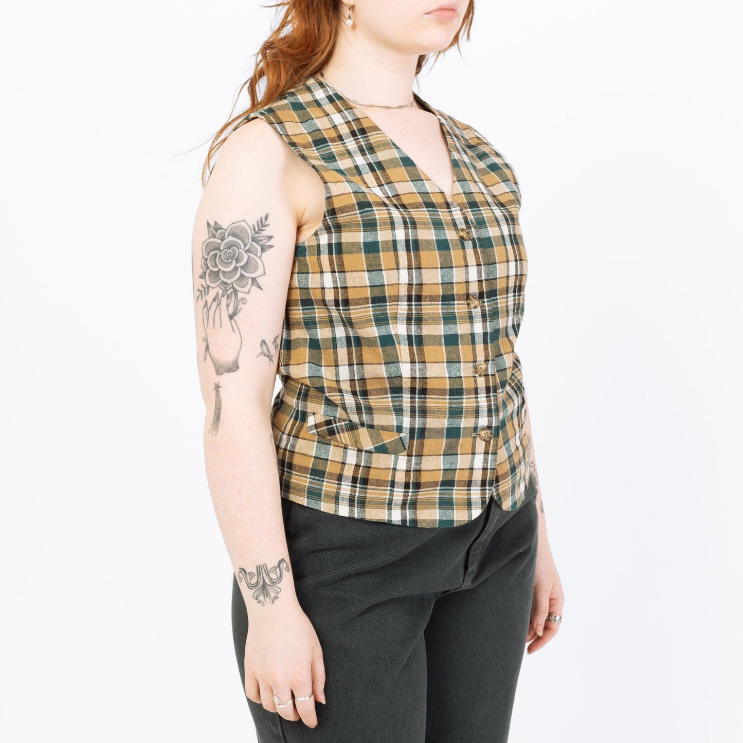 Vintage 90s Green & Tan Plaid Linen Blend Vest - Medium | Cropped Button Up V Neck Sleeveless Shirt