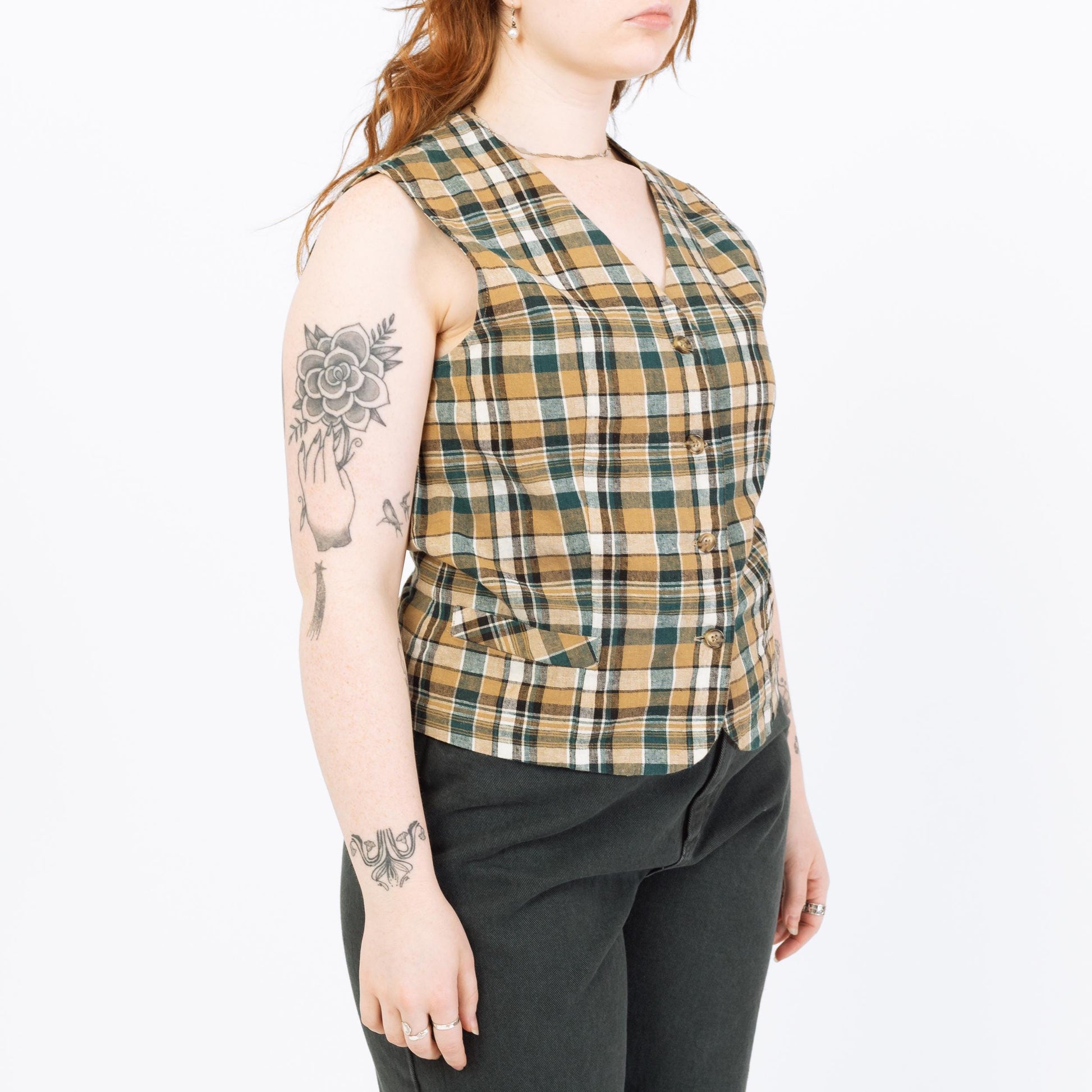 Vintage 90s Green & Tan Plaid Linen Blend Vest - Medium | Cropped Button Up V Neck Sleeveless Shirt