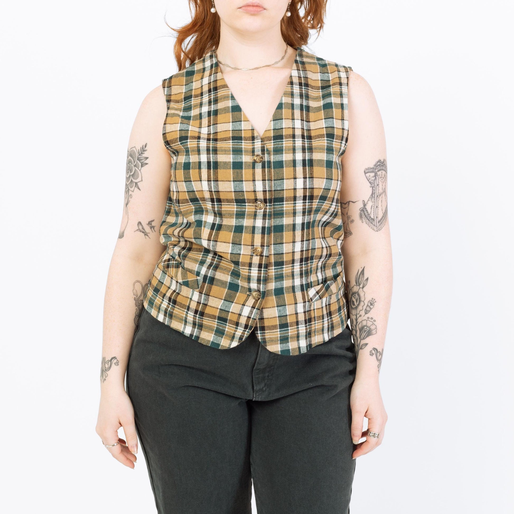 Vintage 90s Green & Tan Plaid Linen Blend Vest - Medium | Cropped Button Up V Neck Sleeveless Shirt