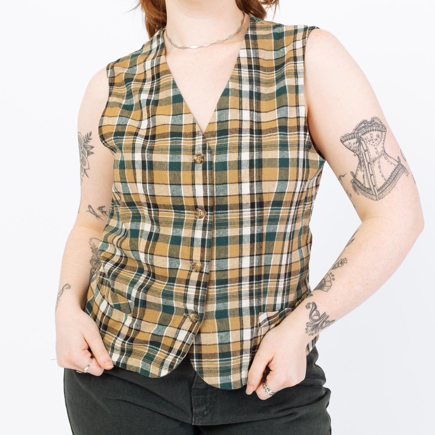 Vintage 90s Green & Tan Plaid Linen Blend Vest - Medium | Cropped Button Up V Neck Sleeveless Shirt