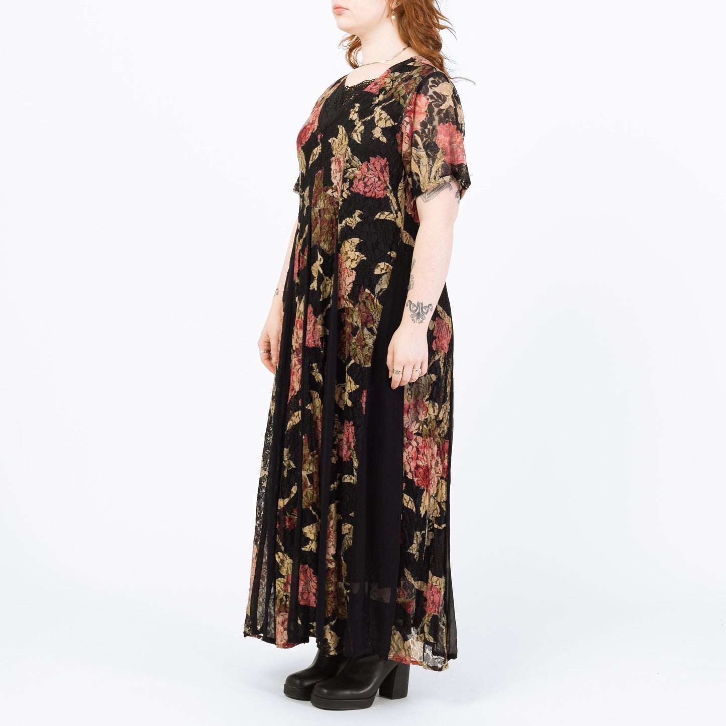 Vintage 90s Black & Pink Floral Lace Maxi Grunge Dress - Medium | Short Sleeve Gauzy Summer Sundress