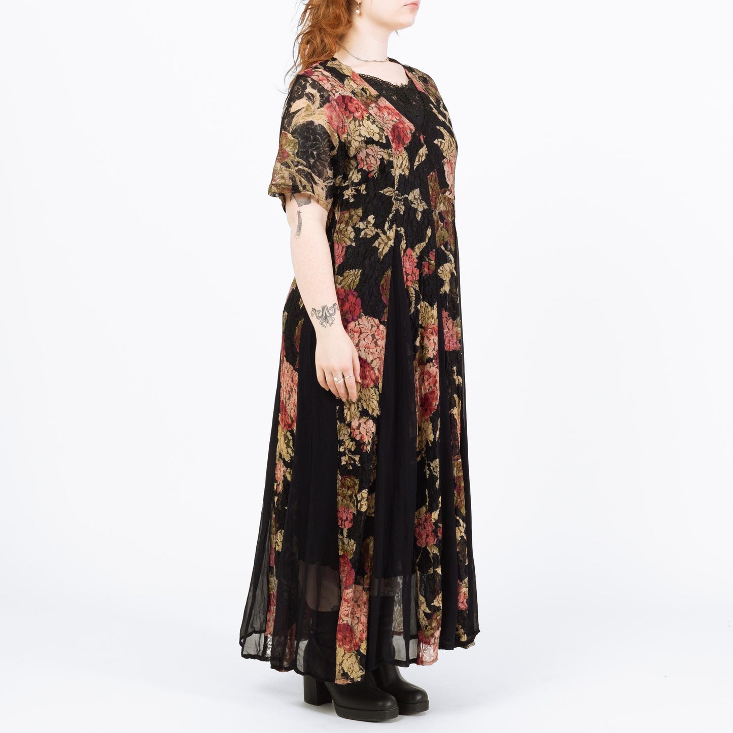 Vintage 90s Black & Pink Floral Lace Maxi Grunge Dress - Medium | Short Sleeve Gauzy Summer Sundress