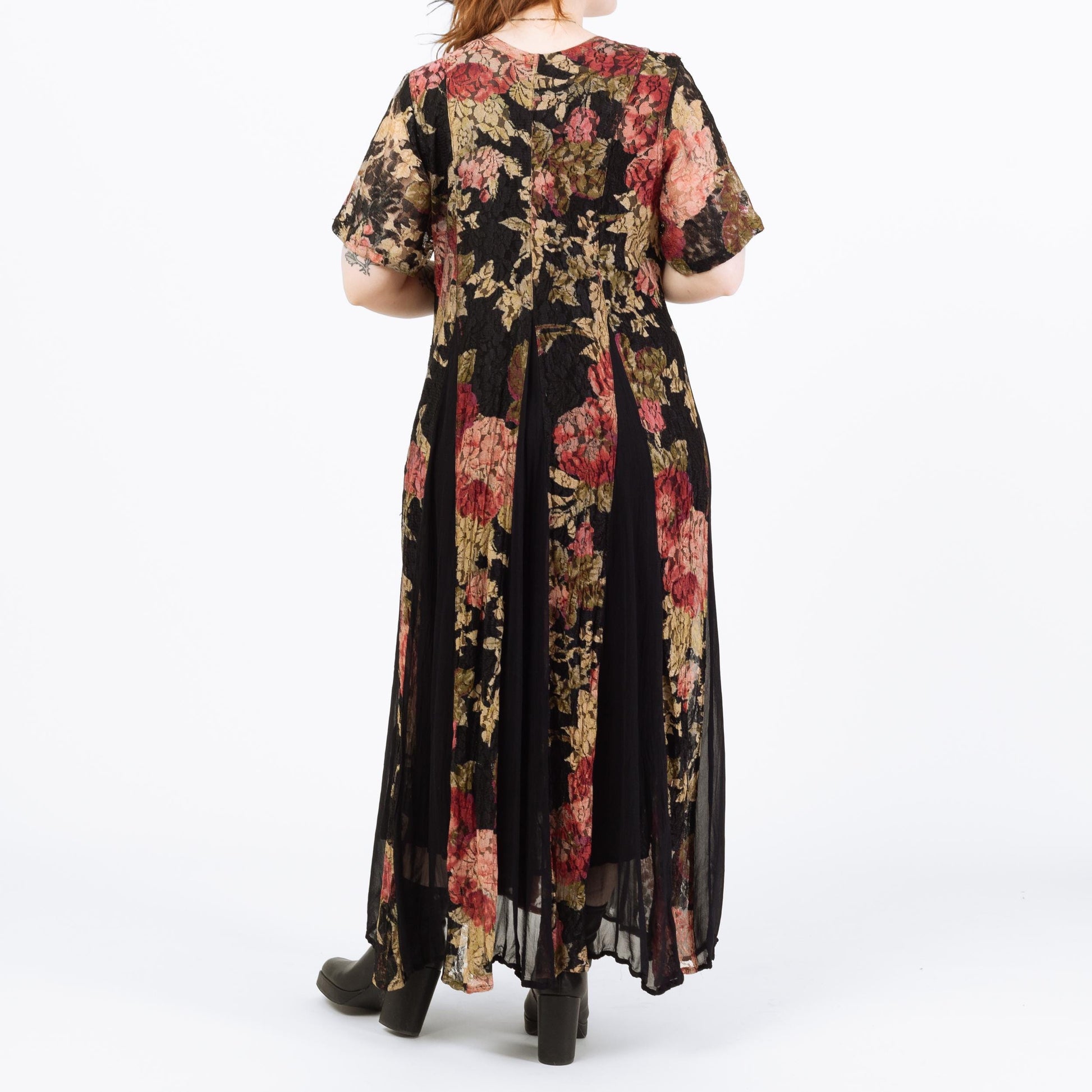 Vintage 90s Black & Pink Floral Lace Maxi Grunge Dress - Medium | Short Sleeve Gauzy Summer Sundress