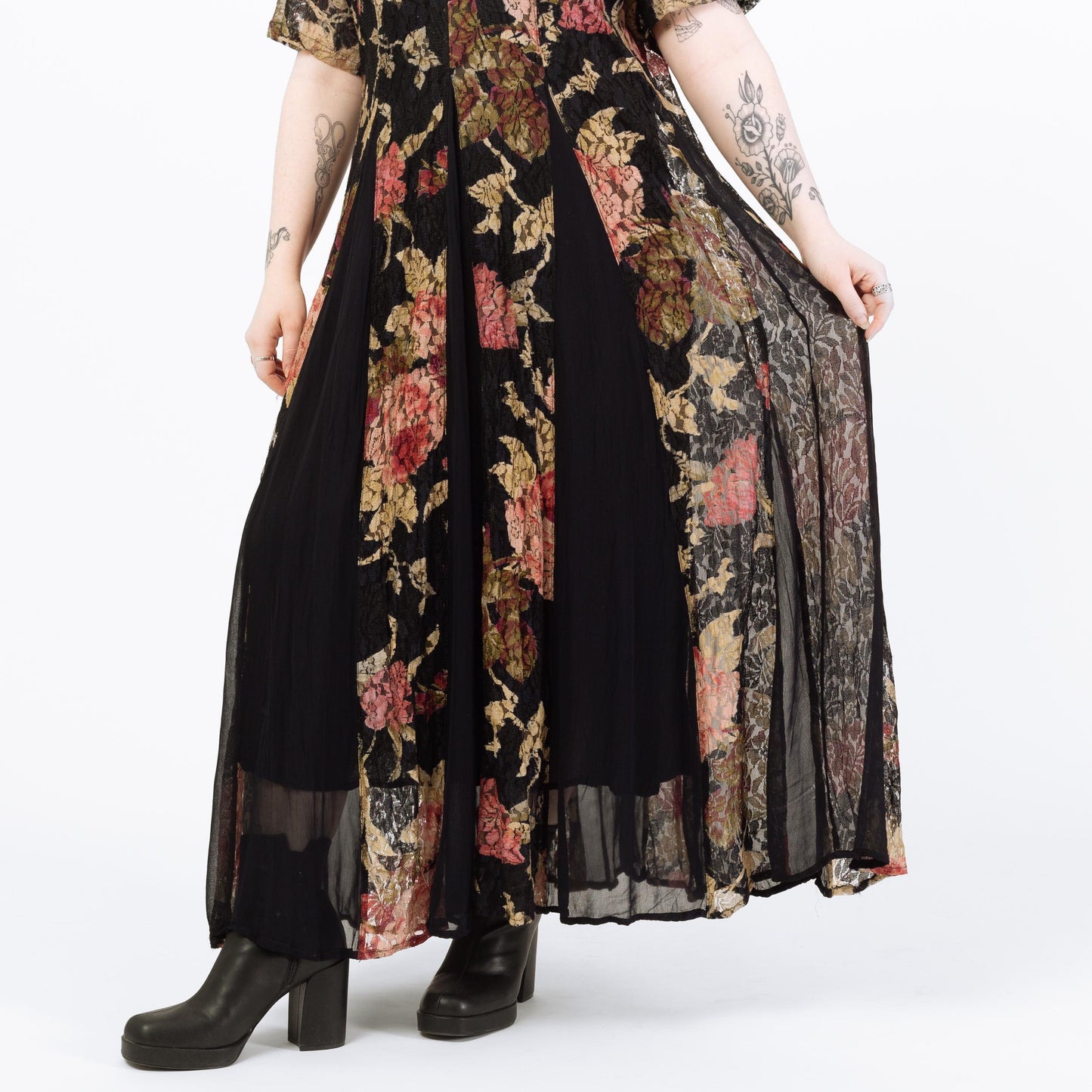 Vintage 90s Black & Pink Floral Lace Maxi Grunge Dress - Medium | Short Sleeve Gauzy Summer Sundress