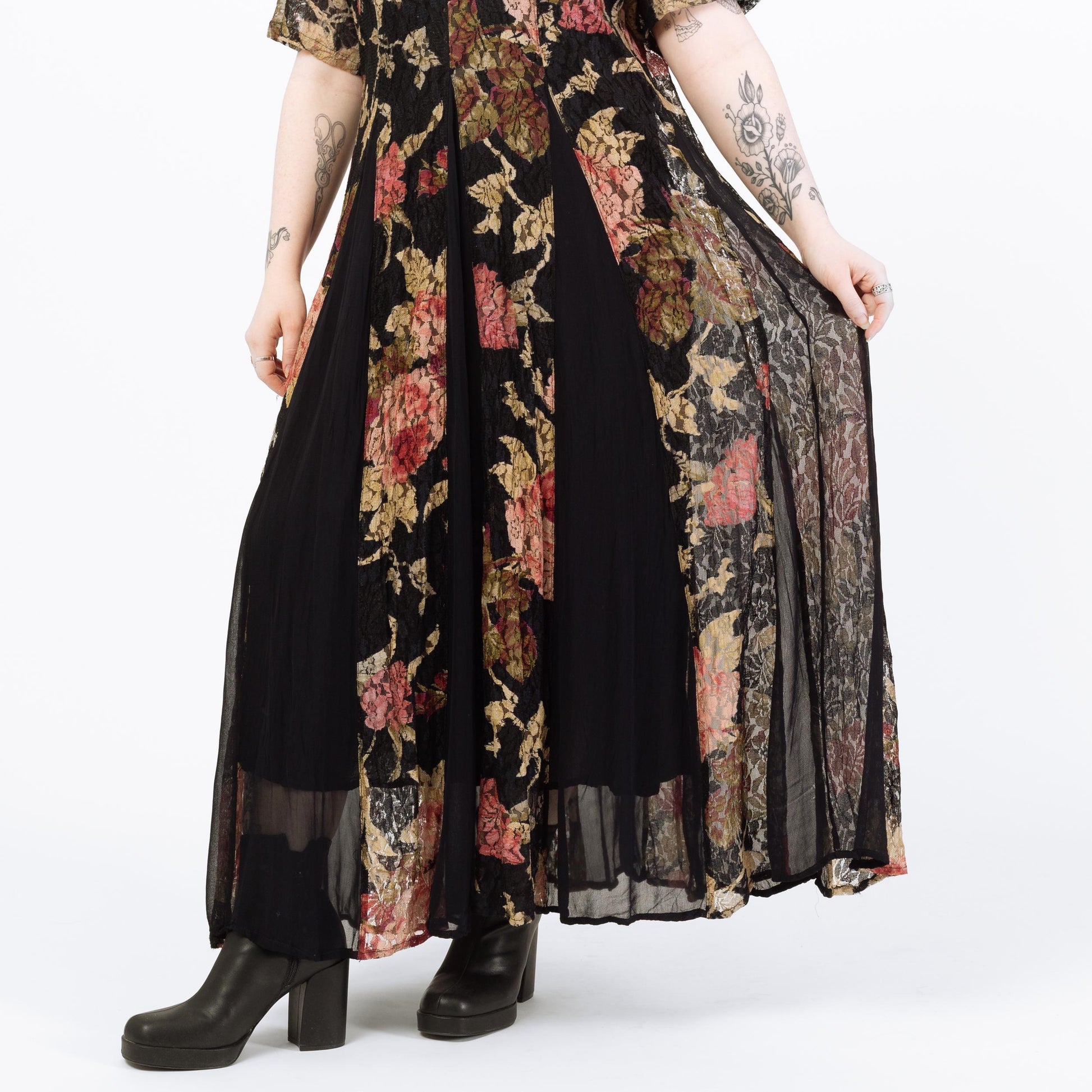 Vintage 90s Black & Pink Floral Lace Maxi Grunge Dress - Medium | Short Sleeve Gauzy Summer Sundress