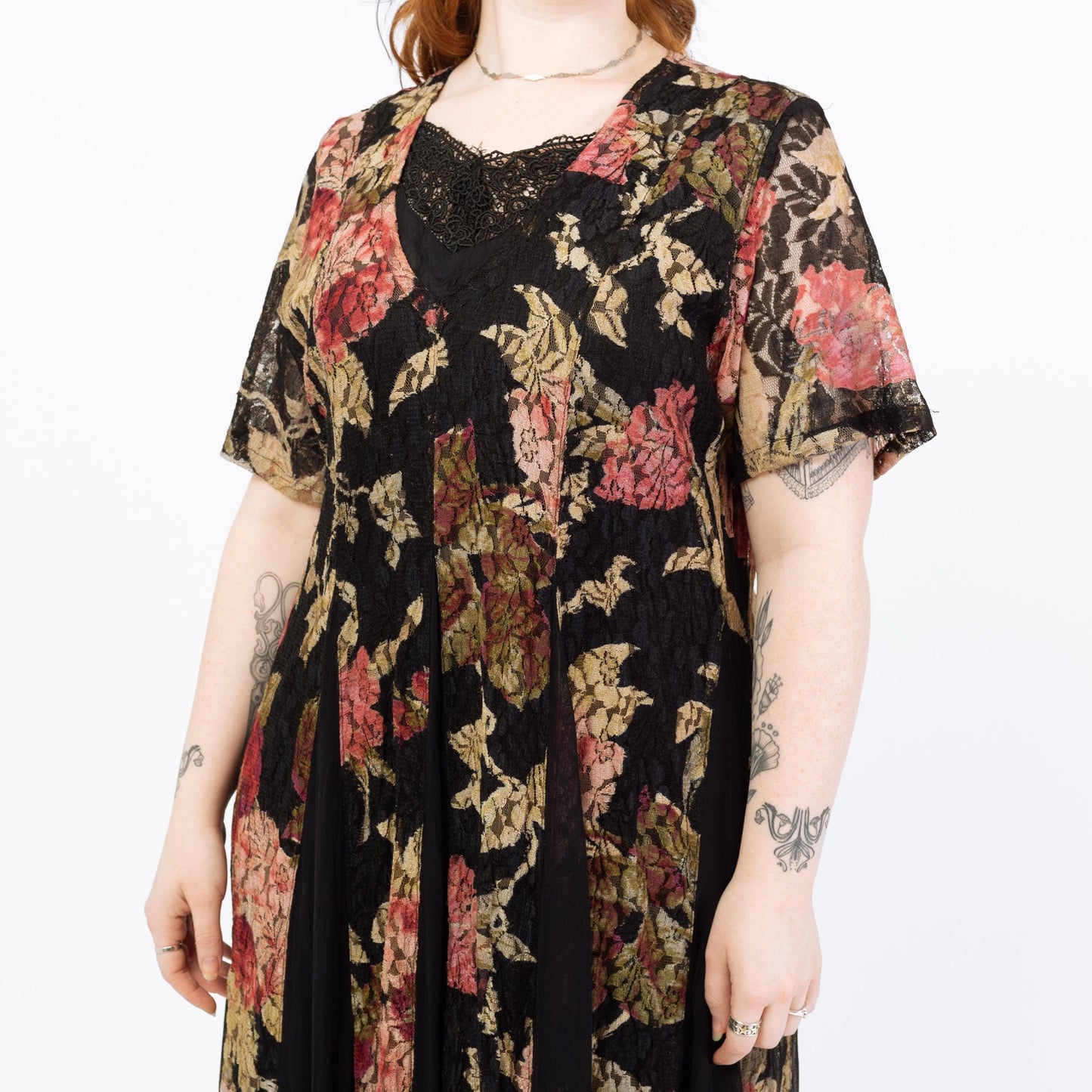 Vintage 90s Black & Pink Floral Lace Maxi Grunge Dress - Medium | Short Sleeve Gauzy Summer Sundress