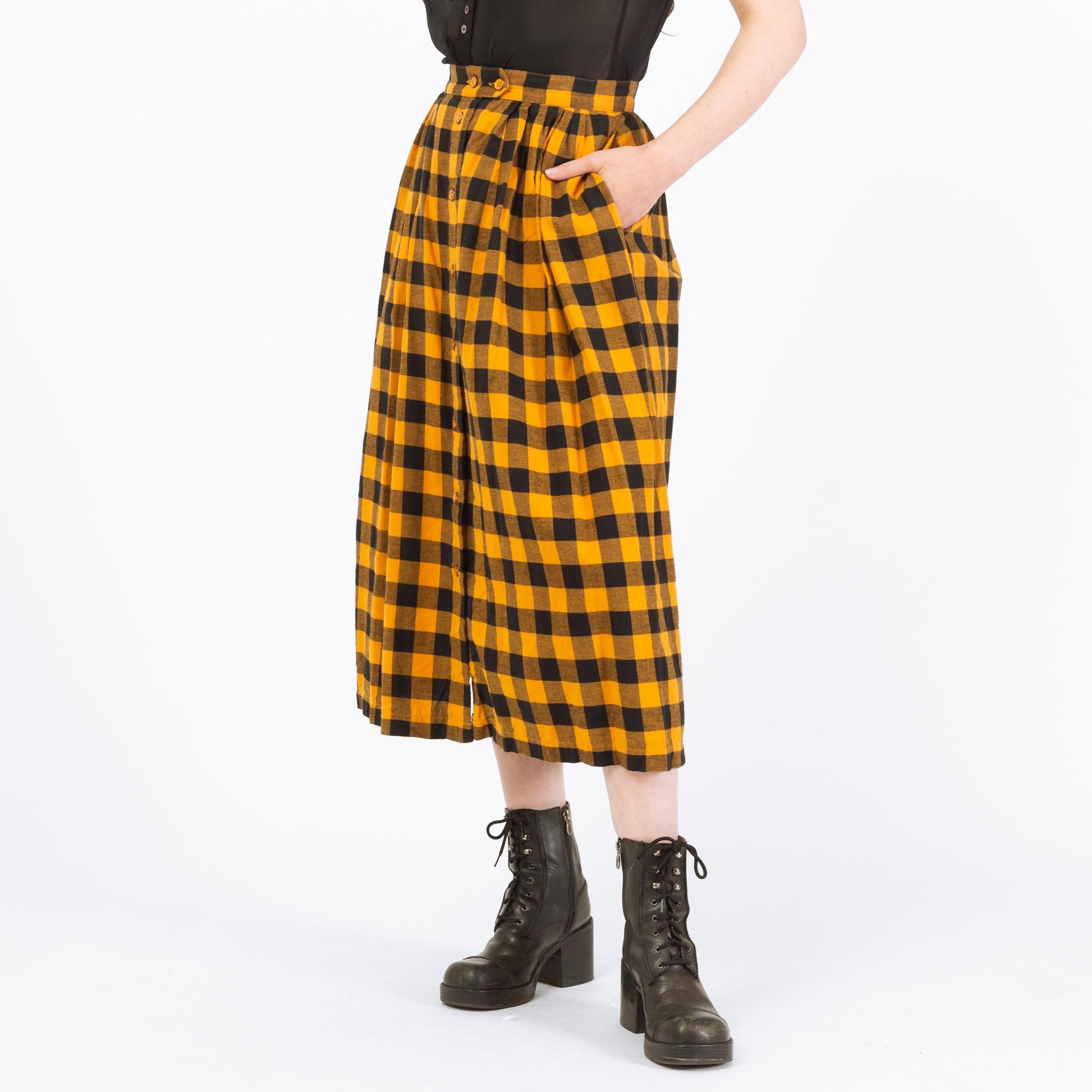 Vintage 80s Buffalo Plaid Flannel Midi Skirt - Small, 27" Waist | Yellow & Black High Waisted Button Front Skirt