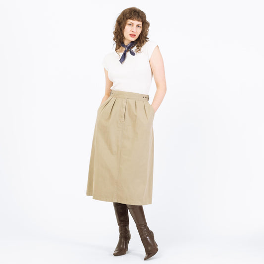 Vintage 80s Khaki Belted Midi Skirt - Medium, 27"-29" Waist | Woolrich High Waisted A Line Cotton Skirt