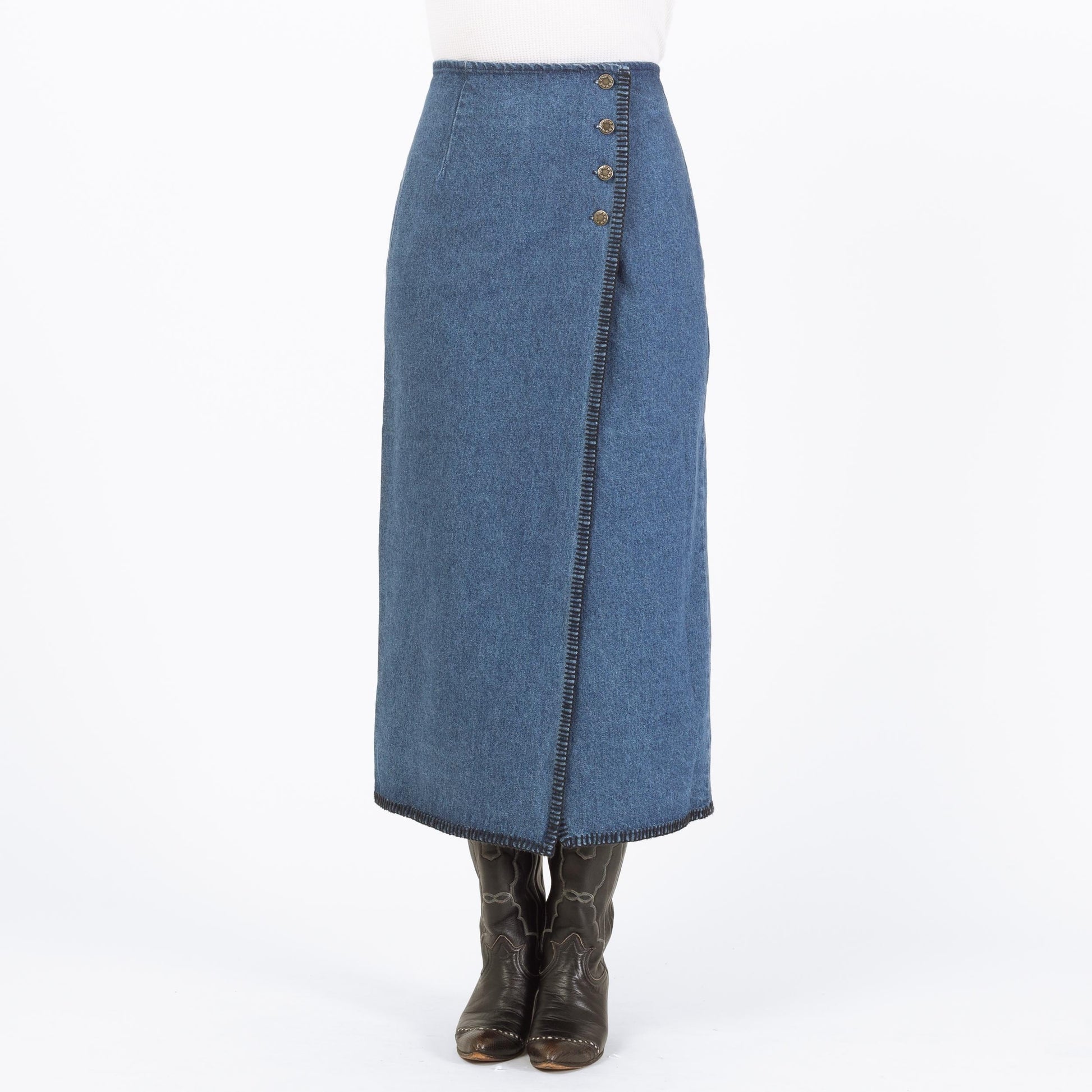 Vintage 90s Denim Blanket Stitch Midi Wrap Skirt - Medium, 28" Waist | Western High Waisted Blue Jean Skirt