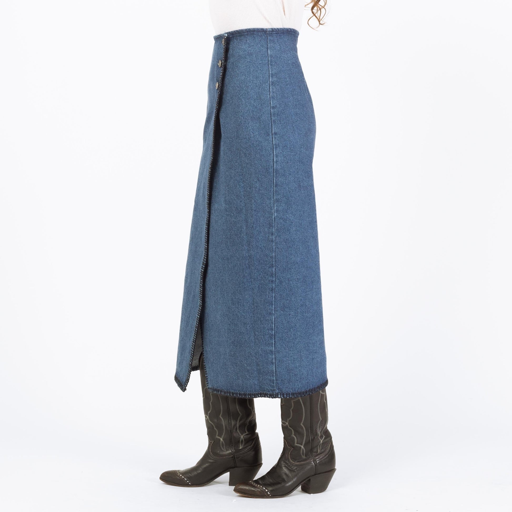 Vintage 90s Denim Blanket Stitch Midi Wrap Skirt - Medium, 28" Waist | Western High Waisted Blue Jean Skirt