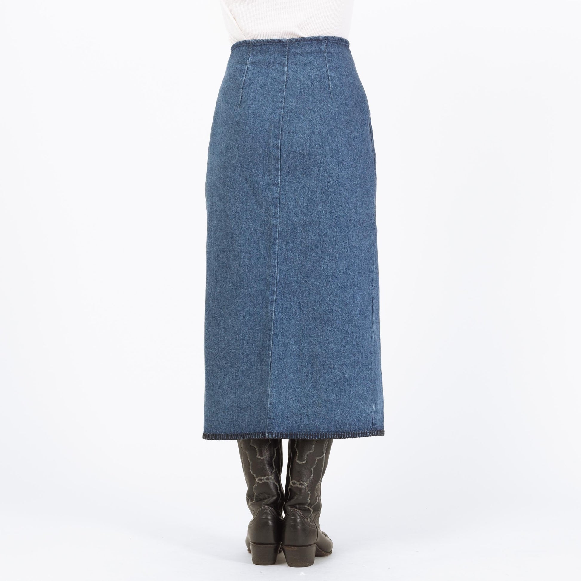 Vintage 90s Denim Blanket Stitch Midi Wrap Skirt - Medium, 28" Waist | Western High Waisted Blue Jean Skirt