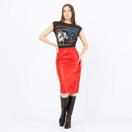Vintage 80s Red Leather Midi Skirt - Small, 26" Waist | High Waisted Maximalist Rocker Pencil Skirt