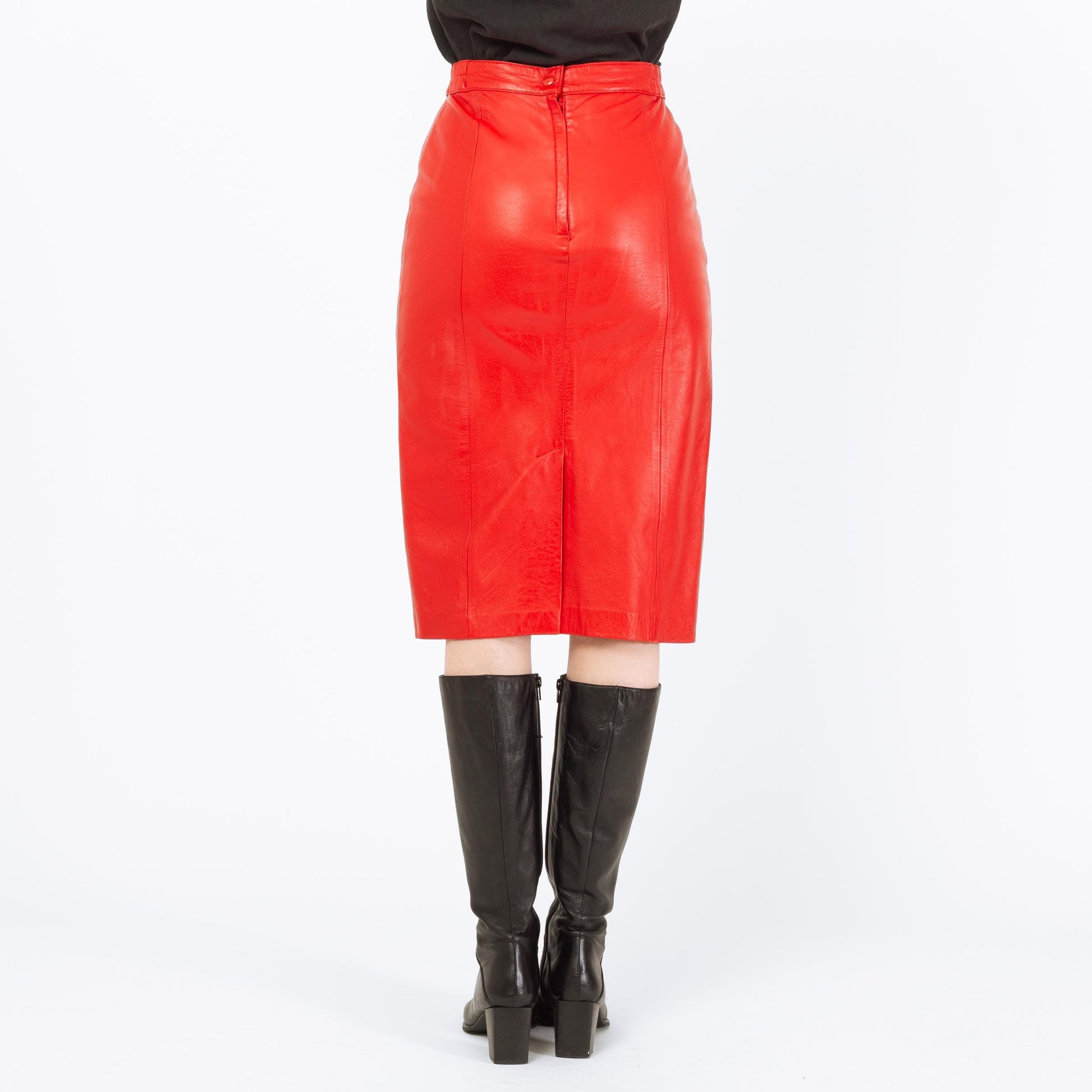 Vintage 80s Red Leather Midi Skirt - Small, 26" Waist | High Waisted Maximalist Rocker Pencil Skirt