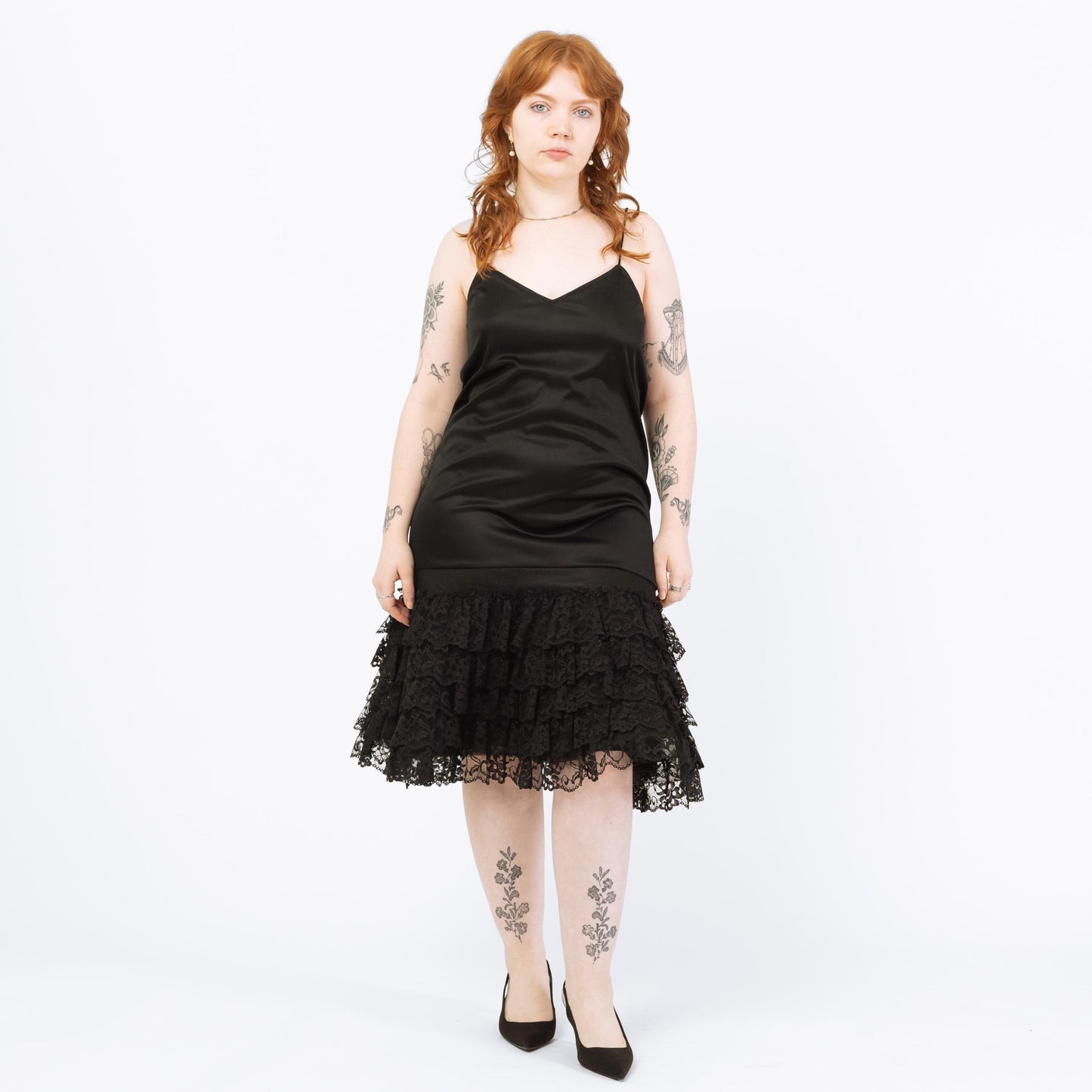 Vintage 80s Black Ruffled Tutu Midi Slip Dress - Large | Tiered Skirt Spaghetti Strap Party Dress