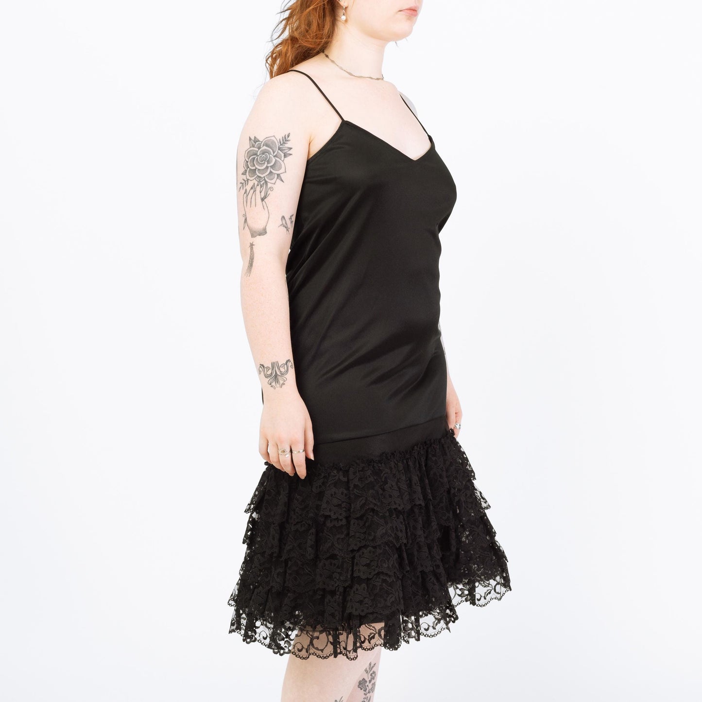 Vintage 80s Black Ruffled Tutu Midi Slip Dress - Large | Tiered Skirt Spaghetti Strap Party Dress