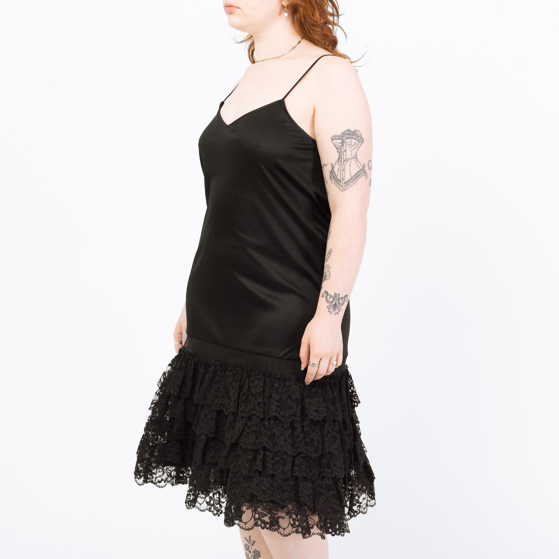 Vintage 80s Black Ruffled Tutu Midi Slip Dress - Large | Tiered Skirt Spaghetti Strap Party Dress