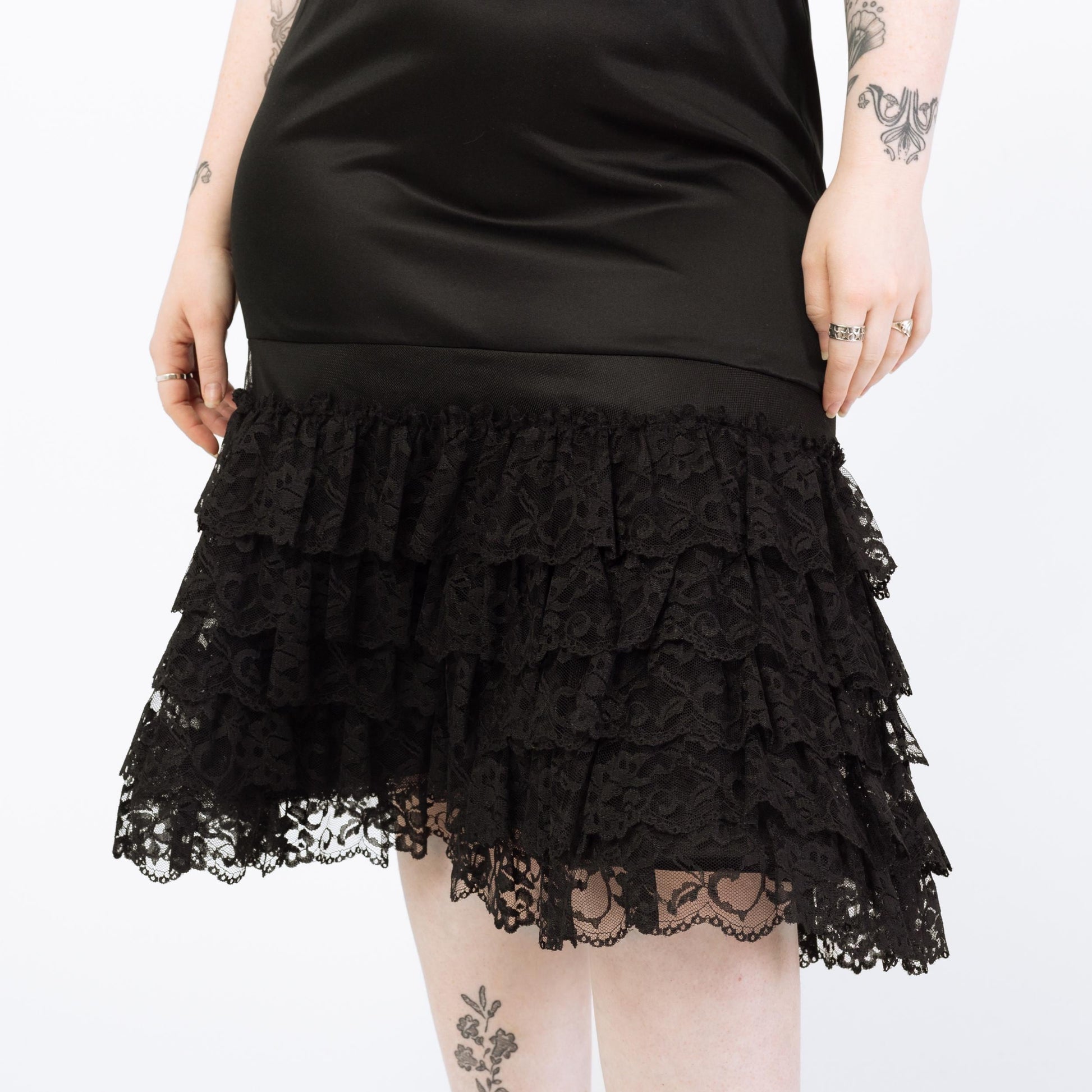 Vintage 80s Black Ruffled Tutu Midi Slip Dress - Large | Tiered Skirt Spaghetti Strap Party Dress