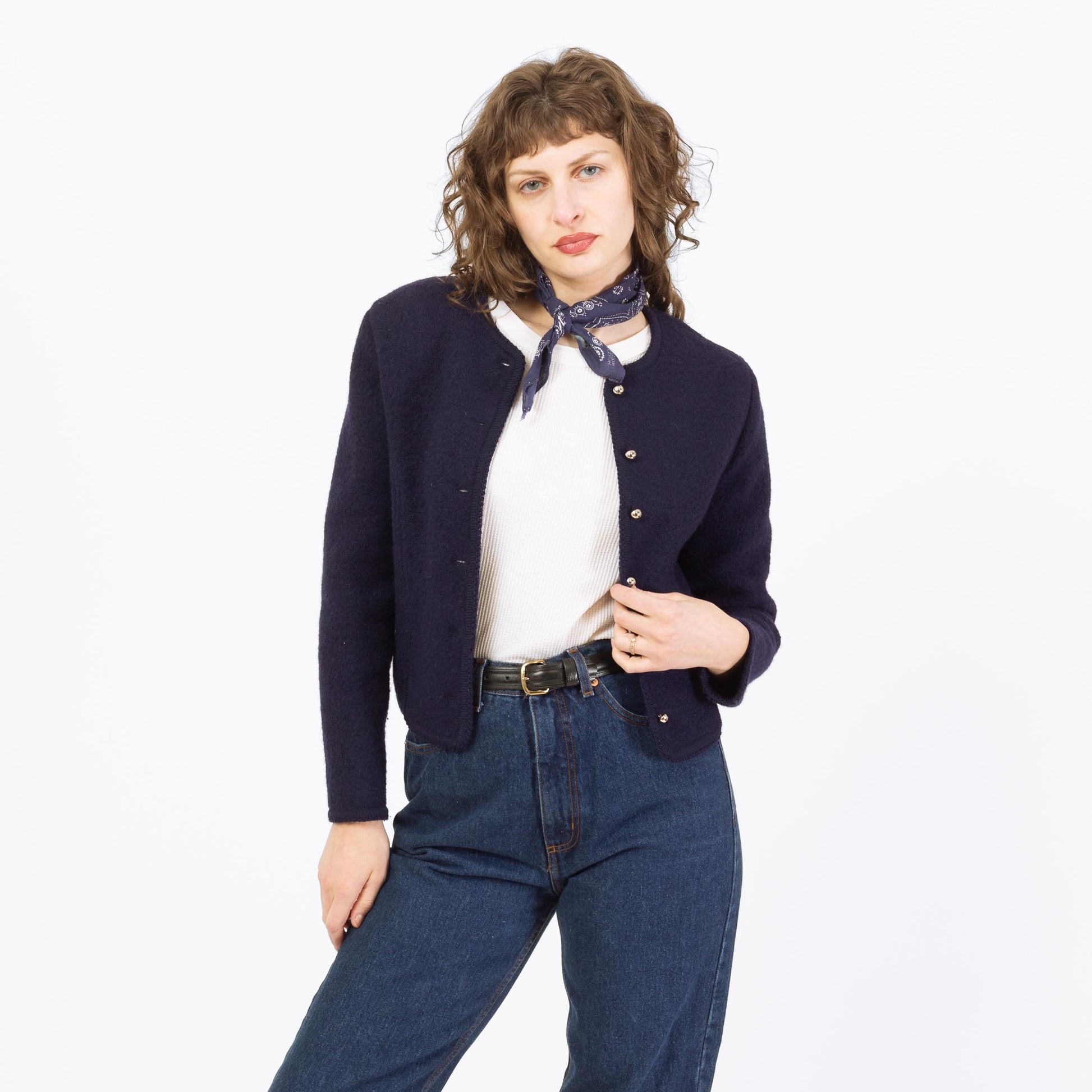 Vintage 70s Carroll Reed Ski Shop Navy Blue Wool Cardigan - Small | Button Up Cropped Sweater Jacket