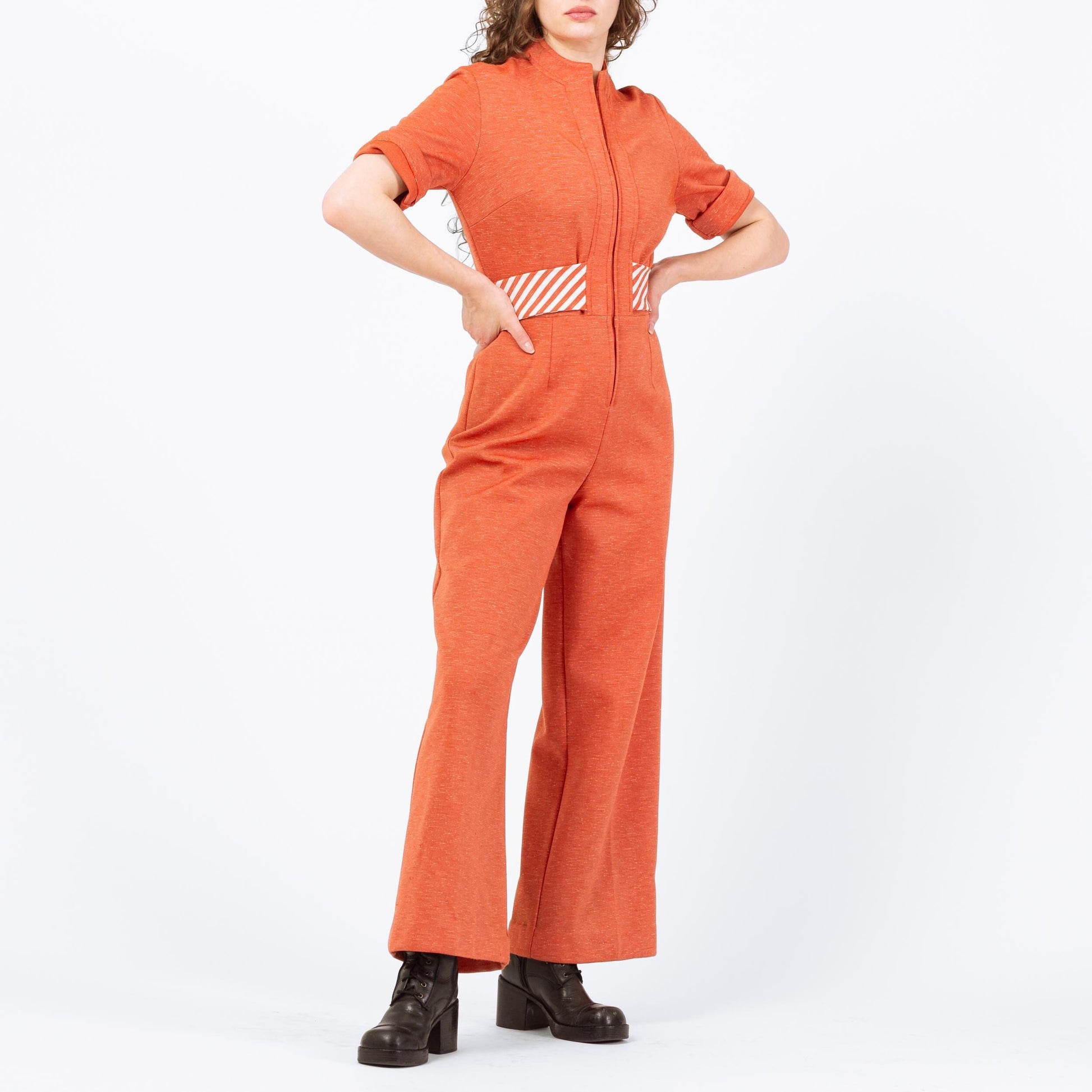 Vintage 70s Orange Striped Belt Jumpsuit - Medium | Retro Disco Leisure Suit Pantsuit
