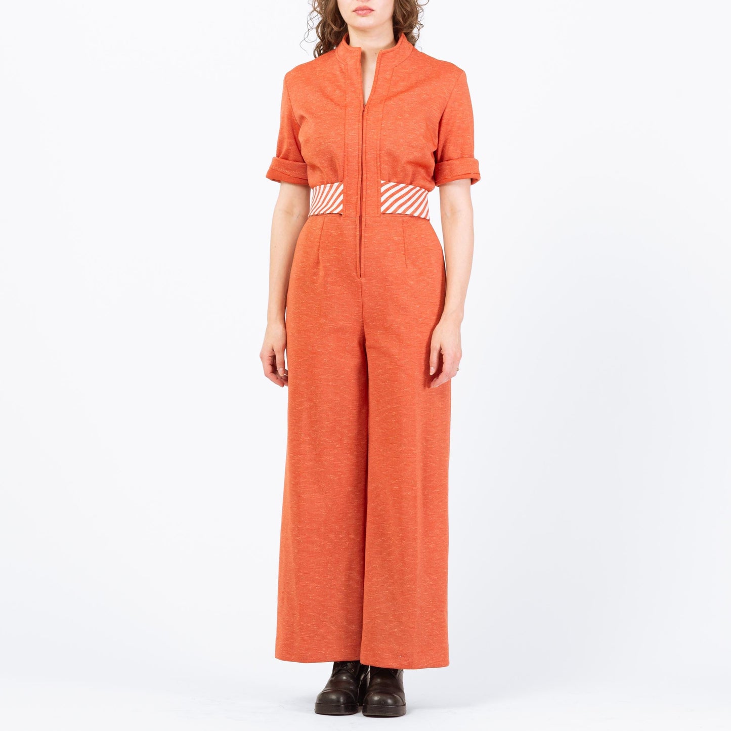 Vintage 70s Orange Striped Belt Jumpsuit - Medium | Retro Disco Leisure Suit Pantsuit