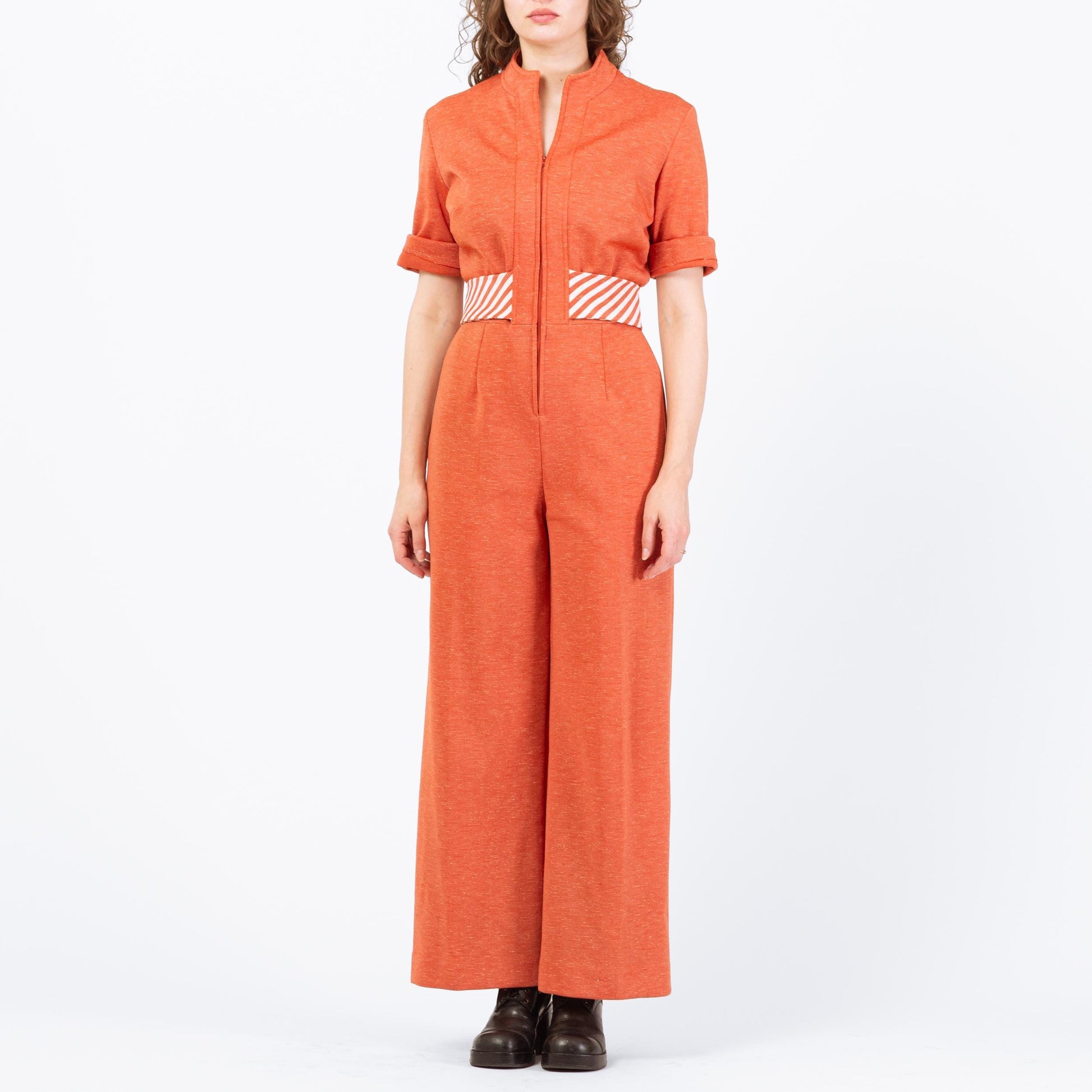 Vintage 70s Orange Striped Belt Jumpsuit - Medium | Retro Disco Leisure Suit Pantsuit