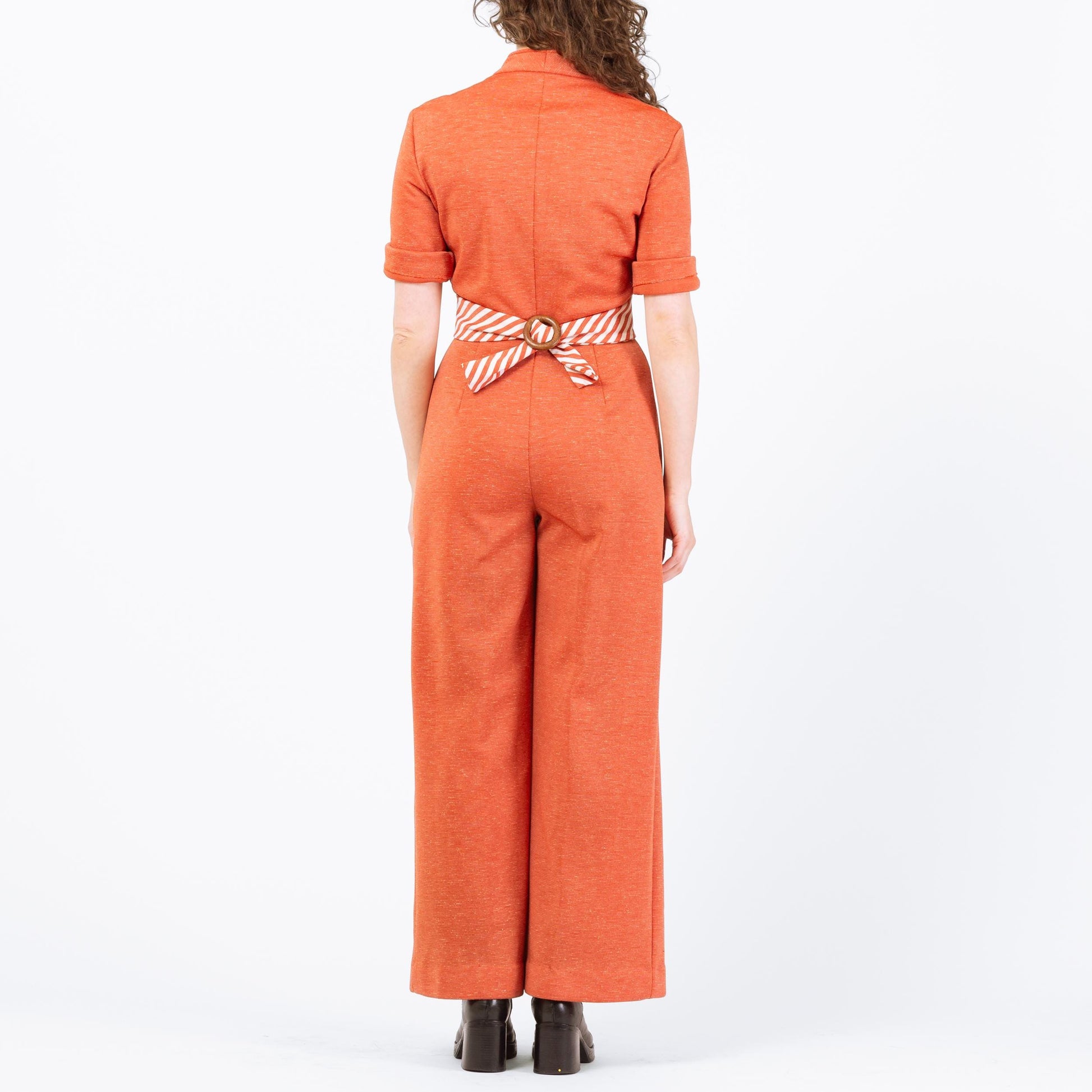Vintage 70s Orange Striped Belt Jumpsuit - Medium | Retro Disco Leisure Suit Pantsuit