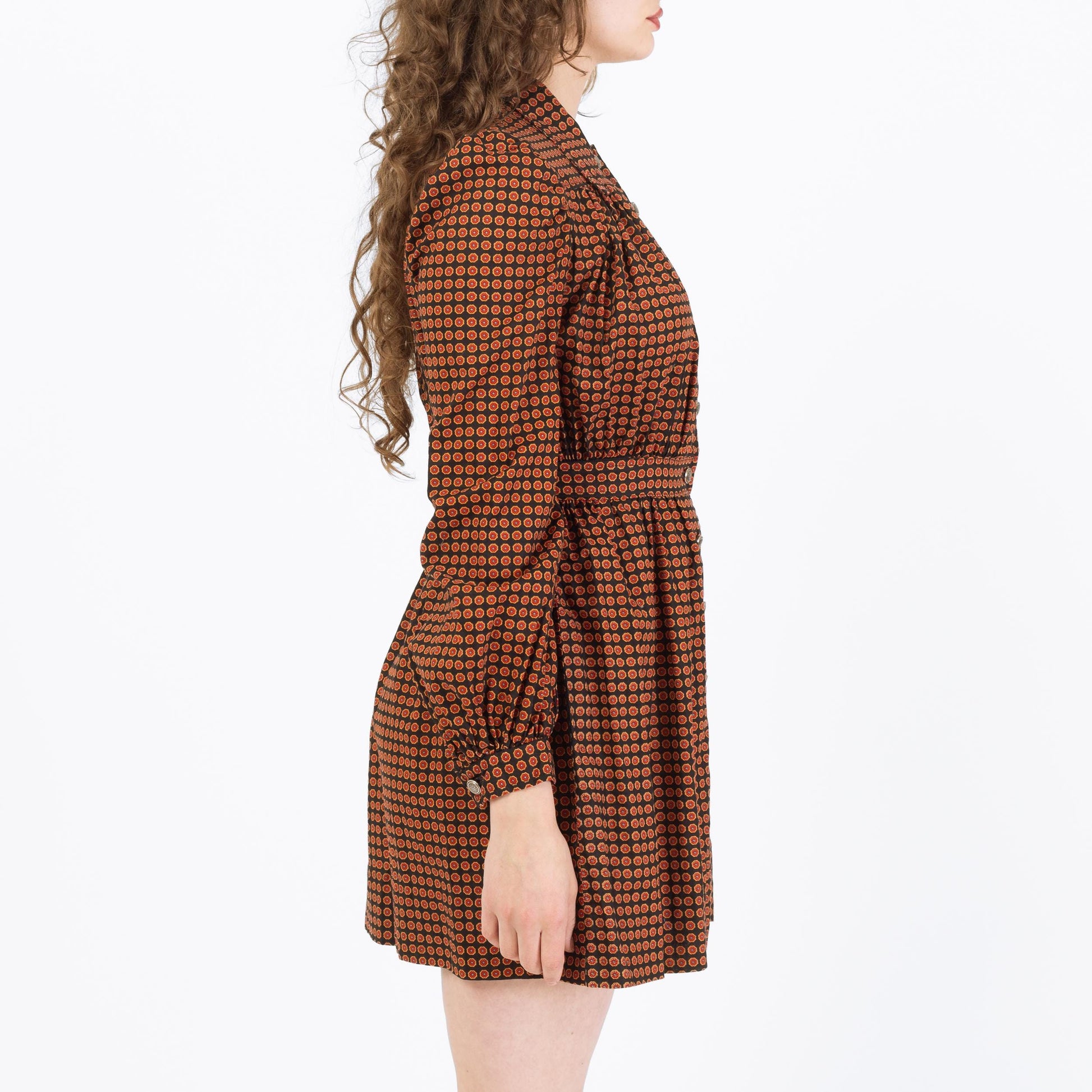 Vintage 70s Ditsy Floral Mini Shirtdress - Small | Boho Long Sleeve Babydoll Dress