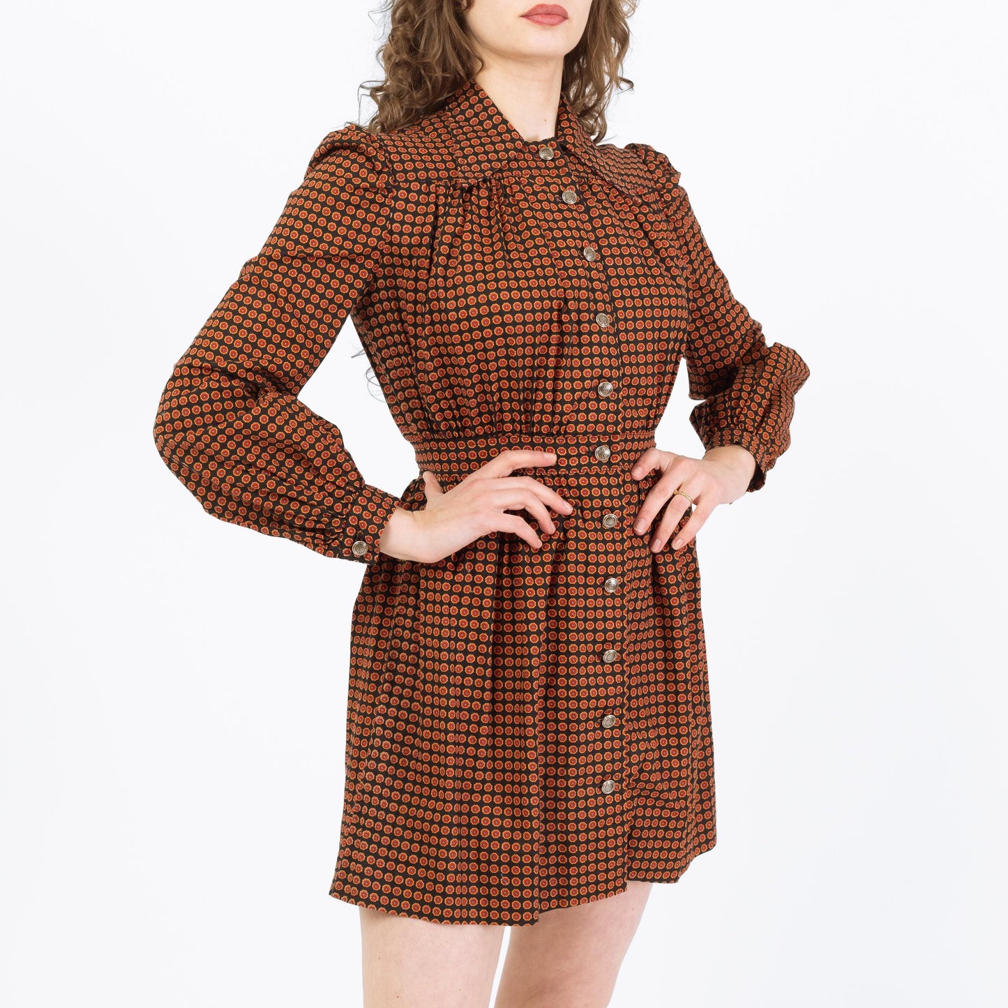 Vintage 70s Ditsy Floral Mini Shirtdress - Small | Boho Long Sleeve Babydoll Dress