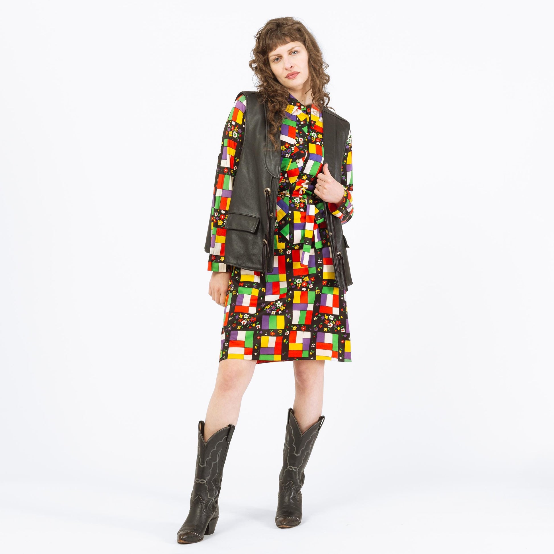 Vintage 70s Mondrian Stained Glass & Floral Print Shirtdress - Large | Long Sleeve Belted Knee Length Dress