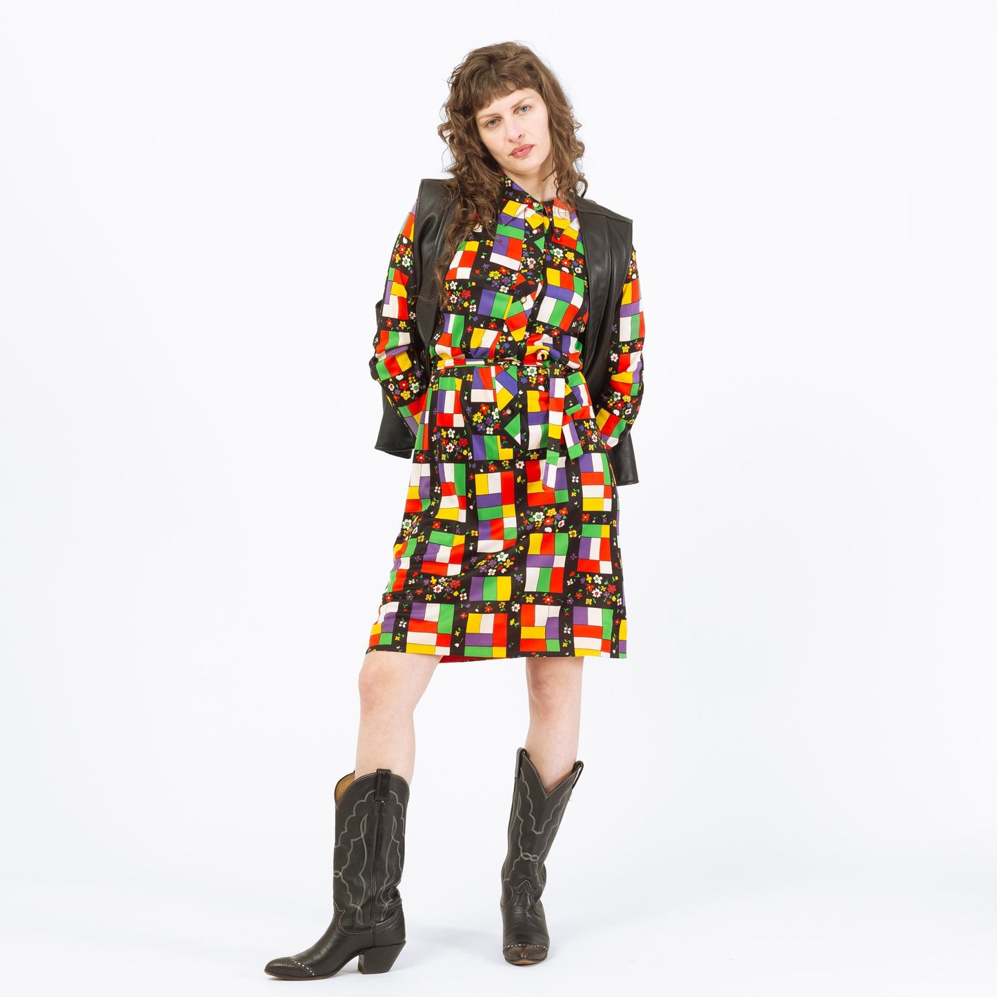 Vintage 70s Mondrian Stained Glass & Floral Print Shirtdress - Large | Long Sleeve Belted Knee Length Dress